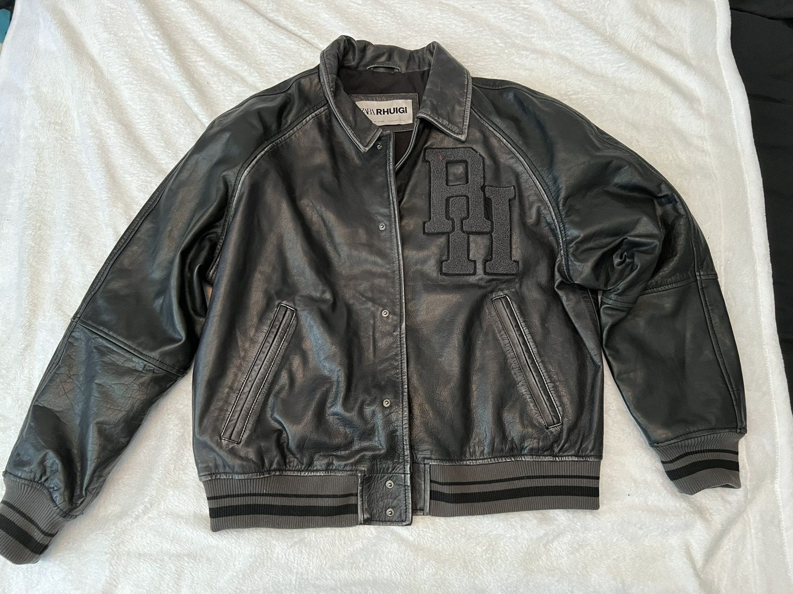 Rhude × Zara Rhuigi x Zara Black Leather Tonal Varsity Jacket 