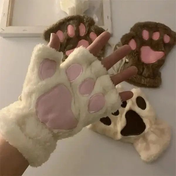 image of Vintage Kawaii Women Cat Gloves Fashion Girls Cat Claw in Black White Grey