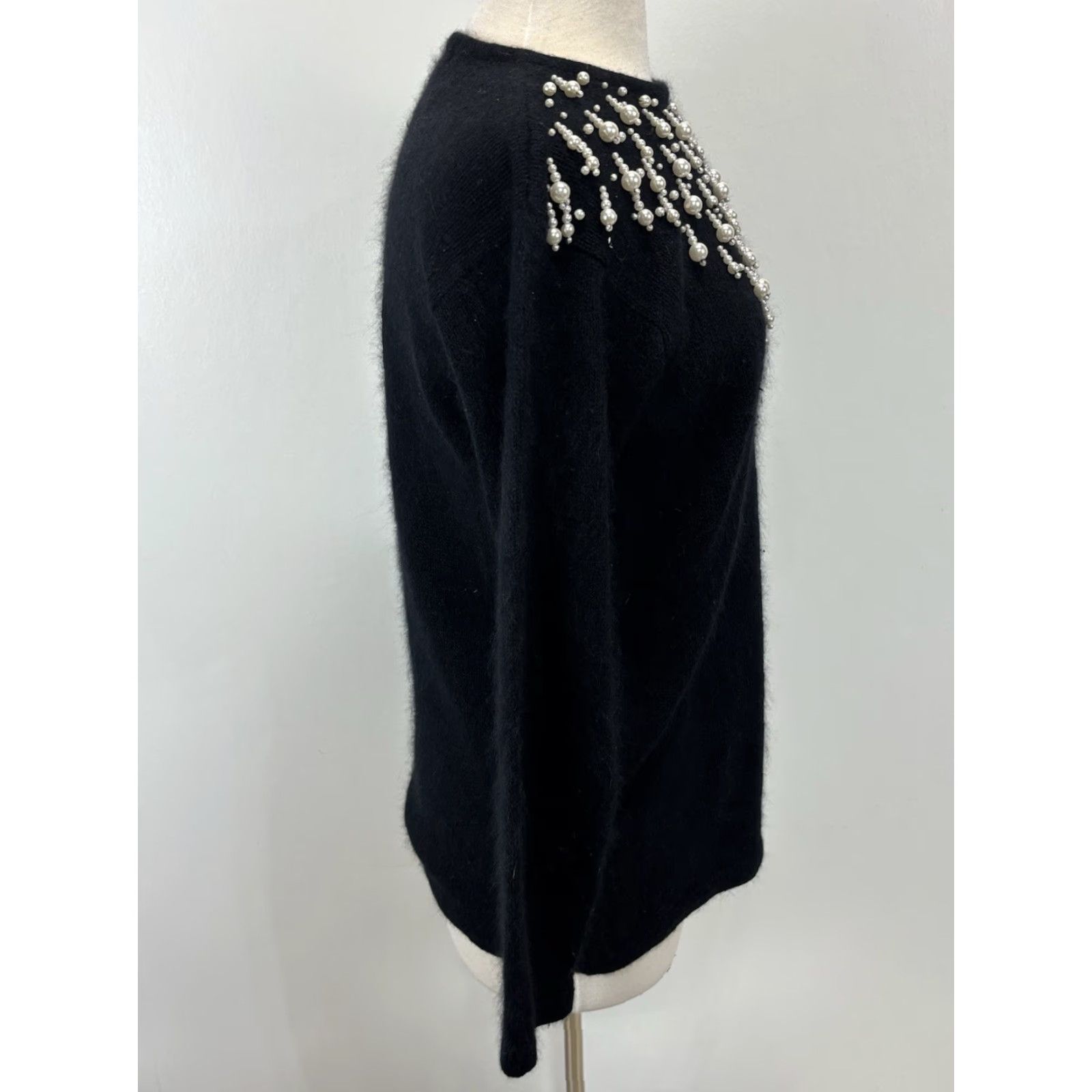 VINTAGE Lord & Taylor Sweater Medium Black Silk Angora Pearl Drop Womens