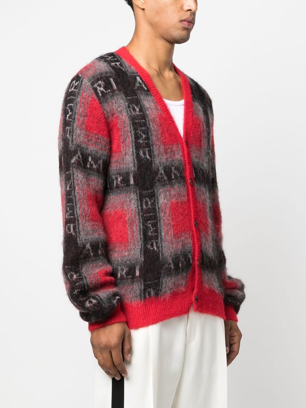 Amiri Red Check Brushed Mohair Intarsia Logo Cardigan Size US L / EU 52-54 / 3 - 2 Thumbnail