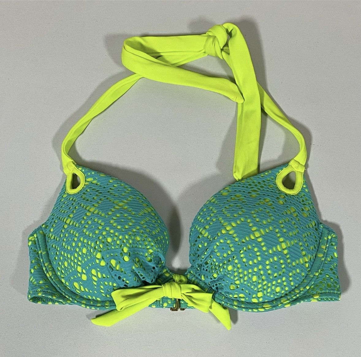 Designer × Victoria's Secret × Vintage Lime Green Blue Lace Push-Up Bikini Top Swimwear Size 32C 💚✨ Size S / US 4 / IT 40 - 2 Thumbnail