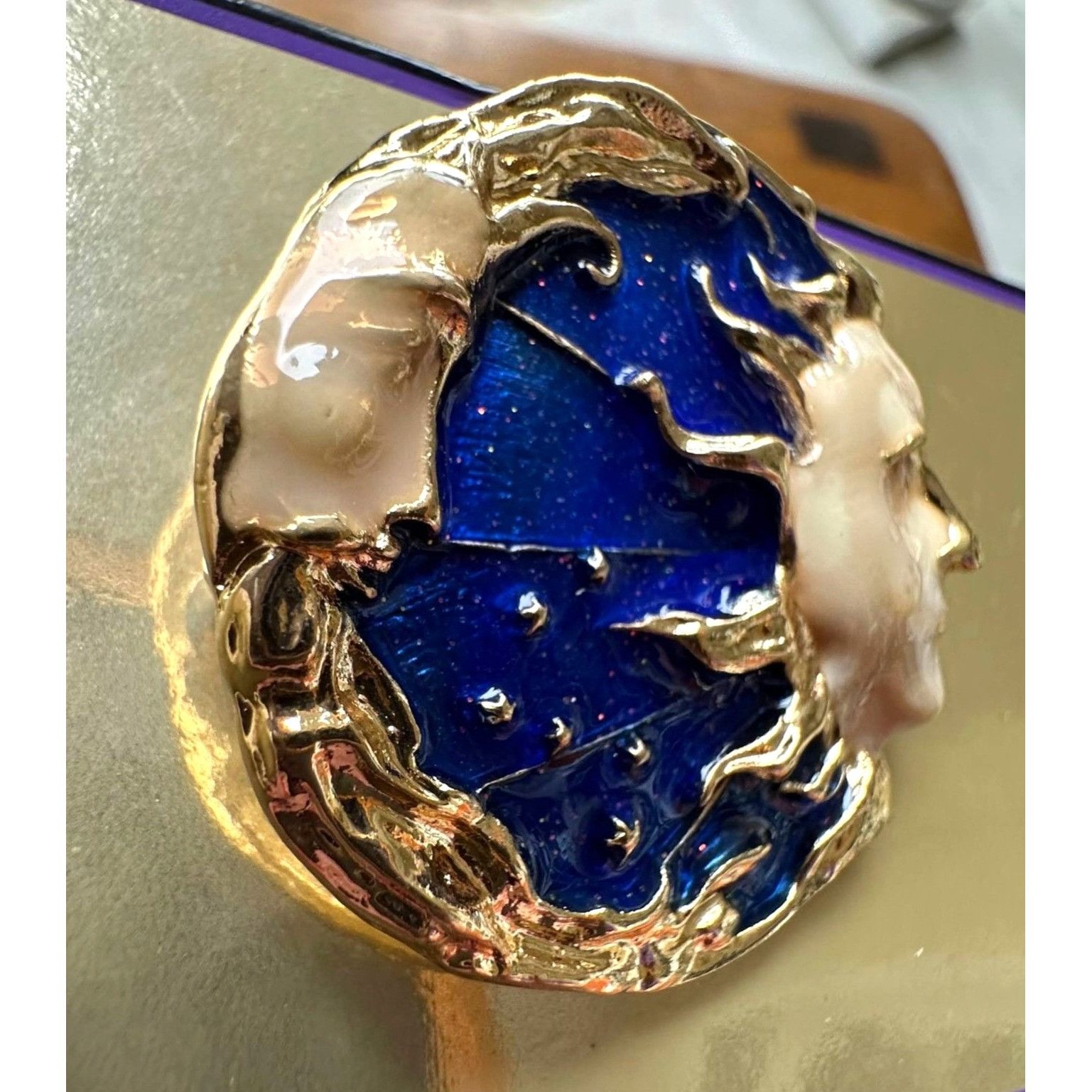 Handmade Celestial Moon Sun Brooch Pin New Gold Navy Yours is the Lig Size ONE SIZE - 2 Thumbnail