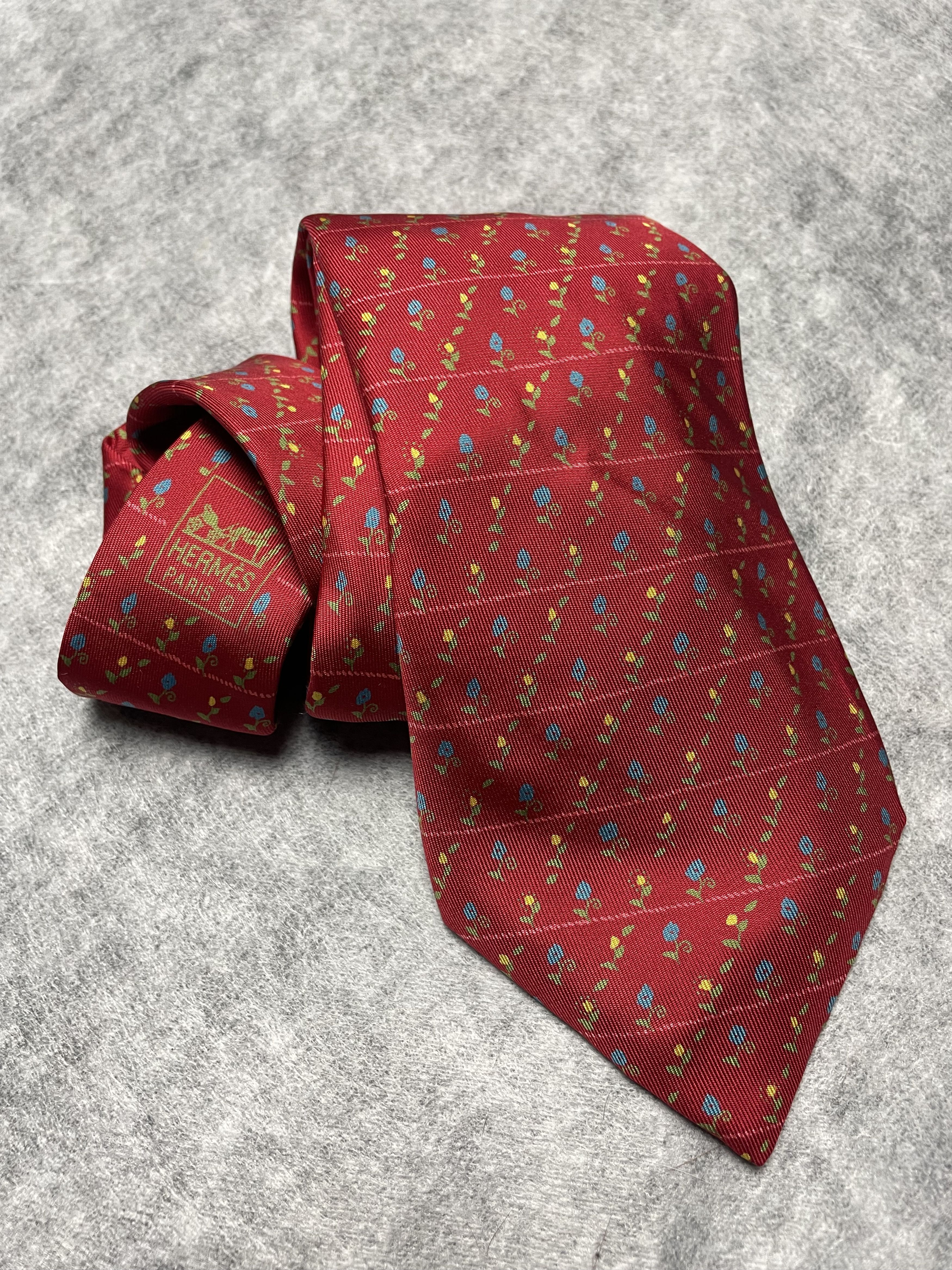 Hermes HERMES Paris 7941 MA Flower Print Red Silk Tie Size ONE SIZE - 2 Thumbnail