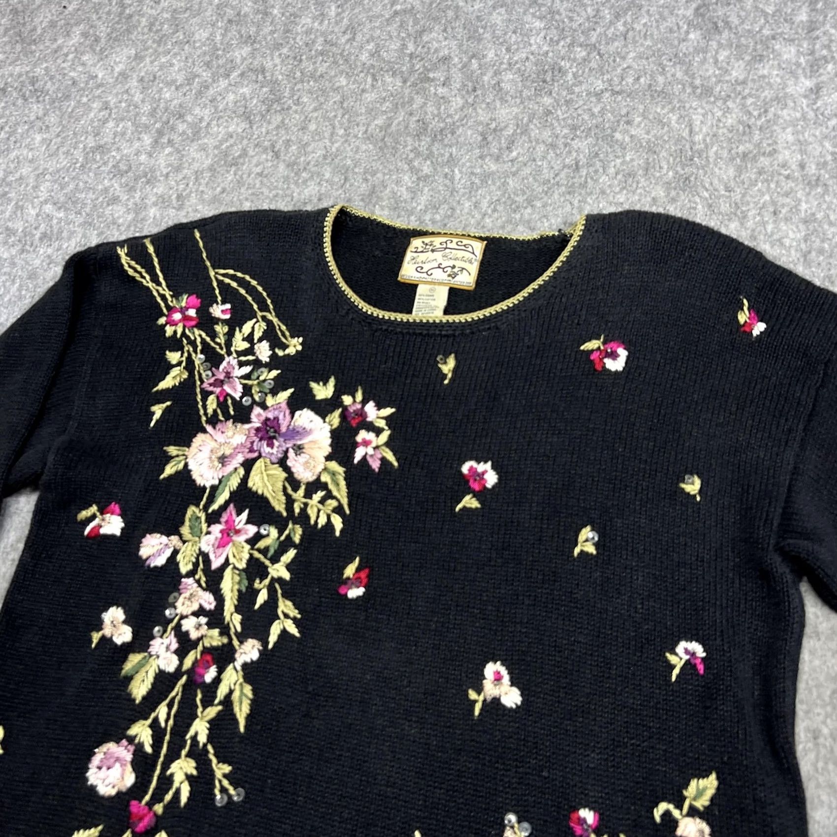 Vintage VINTAGE Heirloom Collectibles Sweater Womens M Black Floral Embroidered Y2K Size M / US 6-8 / IT 42-44 - 4 Thumbnail
