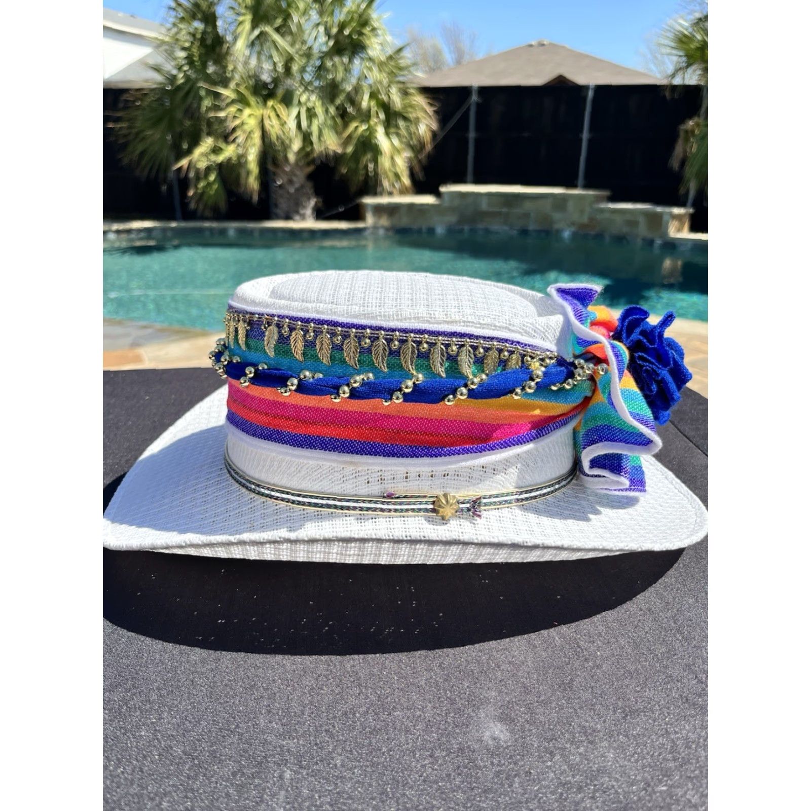 Vintage VINTAGE ARLOP Straw Hat Rainbow/gold Beaded Size 7 1/2 Mexico White Women Hat Size ONE SIZE - 3 Thumbnail