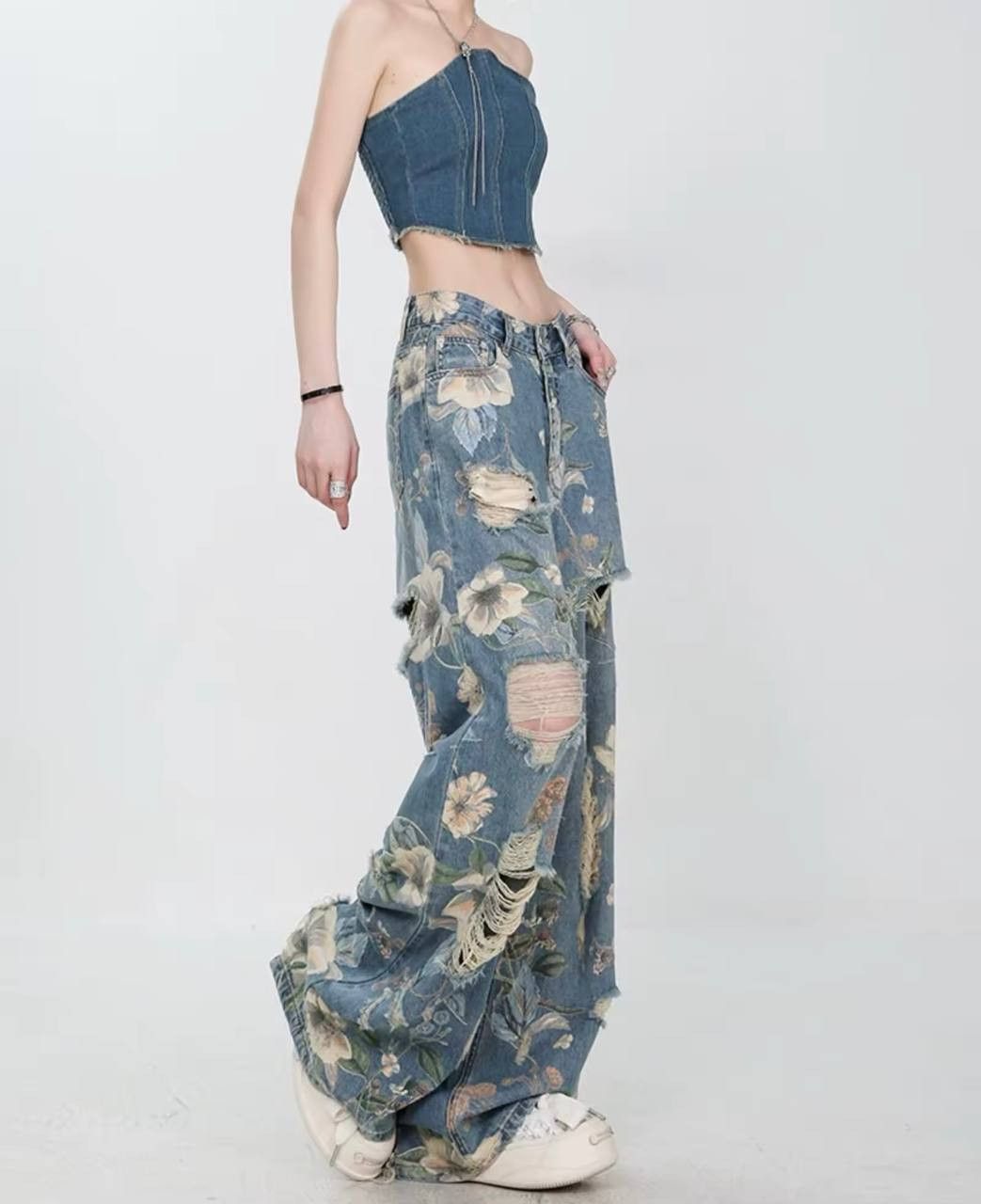Japanese Brand × Vintage ripped wide leg pants with a design Size 26" / US 2 / IT 38 - 6 Thumbnail