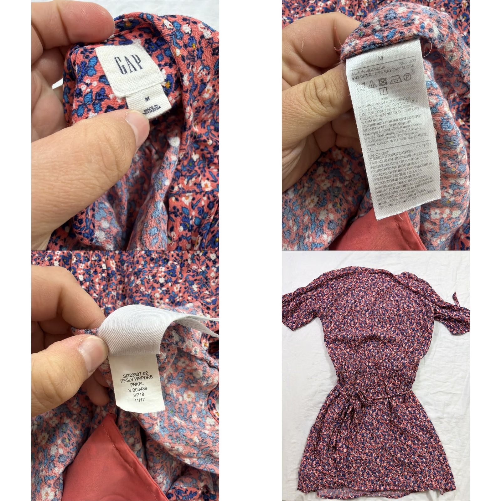 Gap VINTAGE? (No) -> Just: Gap Wrap Dress Women’s Medium Tie Sleeve Pink Flowers Pockets Knee Length Dress Size M / US 6-8 / IT 42-44 - 9 Thumbnail