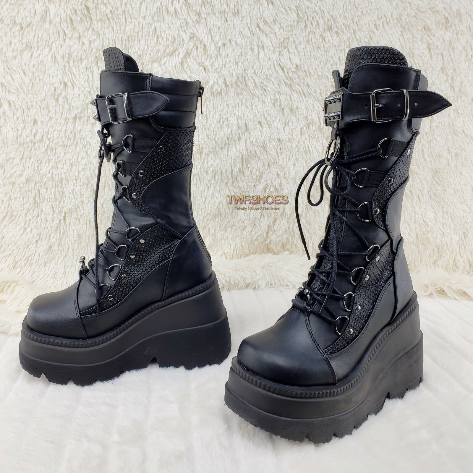 Demonia Cult DEMONIA Shaker 70 Black Platform 4.5" Wedge Mid Calf Goth Pu Size US 12 / IT 42 - 6 Thumbnail