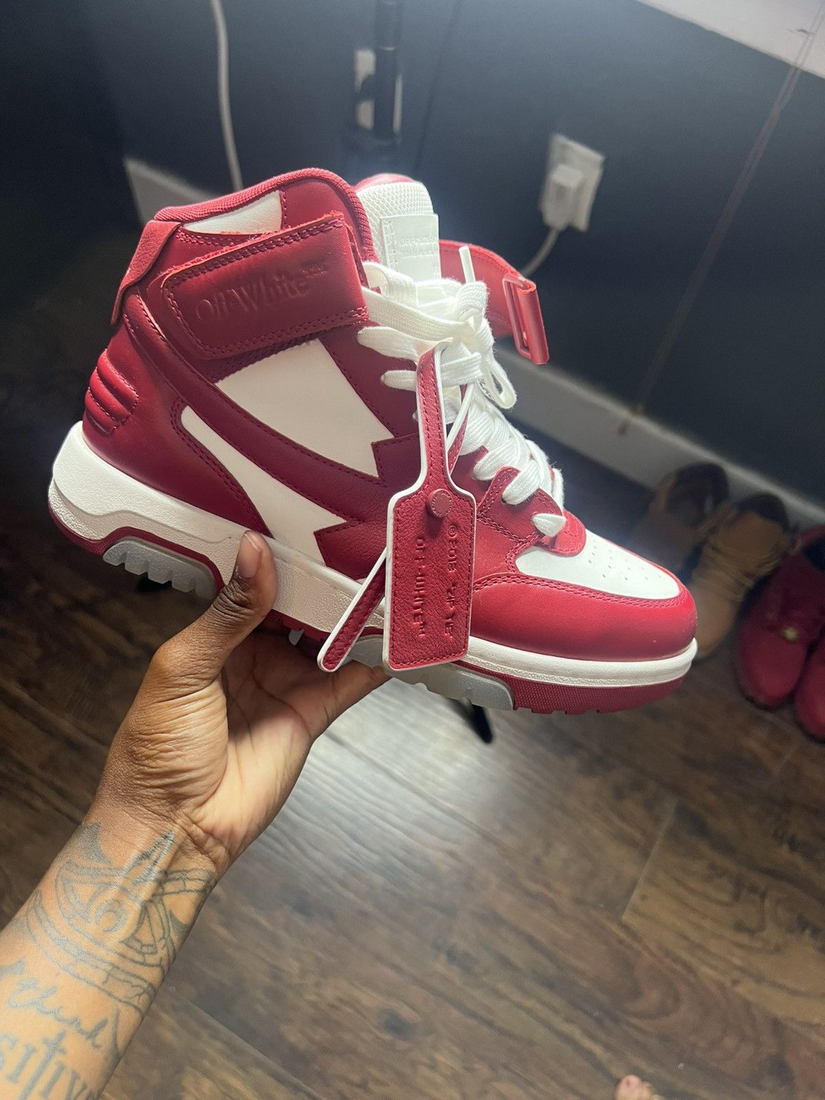 Red and white out of office OFF- white hi top sneaker