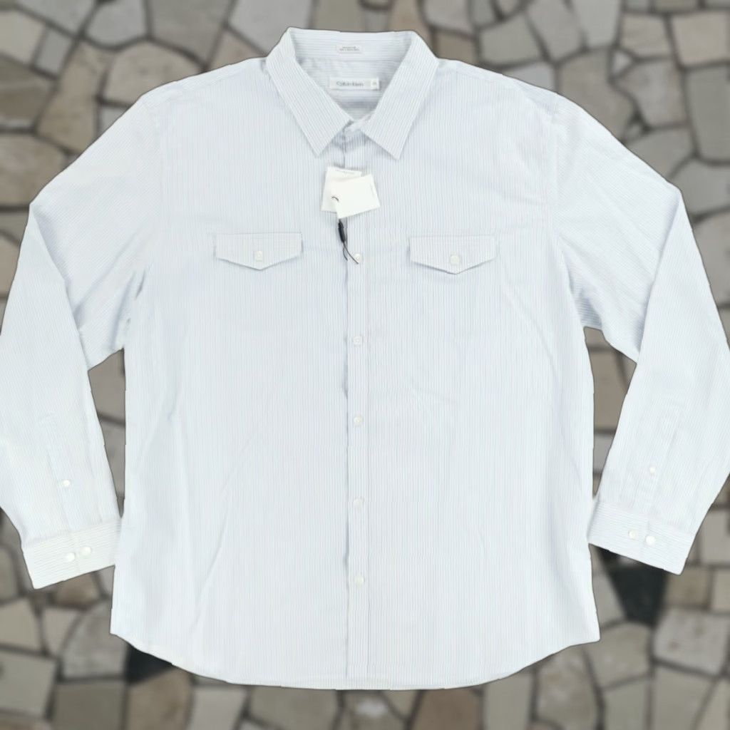 Calvin Klein Calvin Klein Slim Fit Poplin Striped Button Up Shirt White Men's 2XL Size US XXL / EU 58 / 5 - 1 Thumbnail