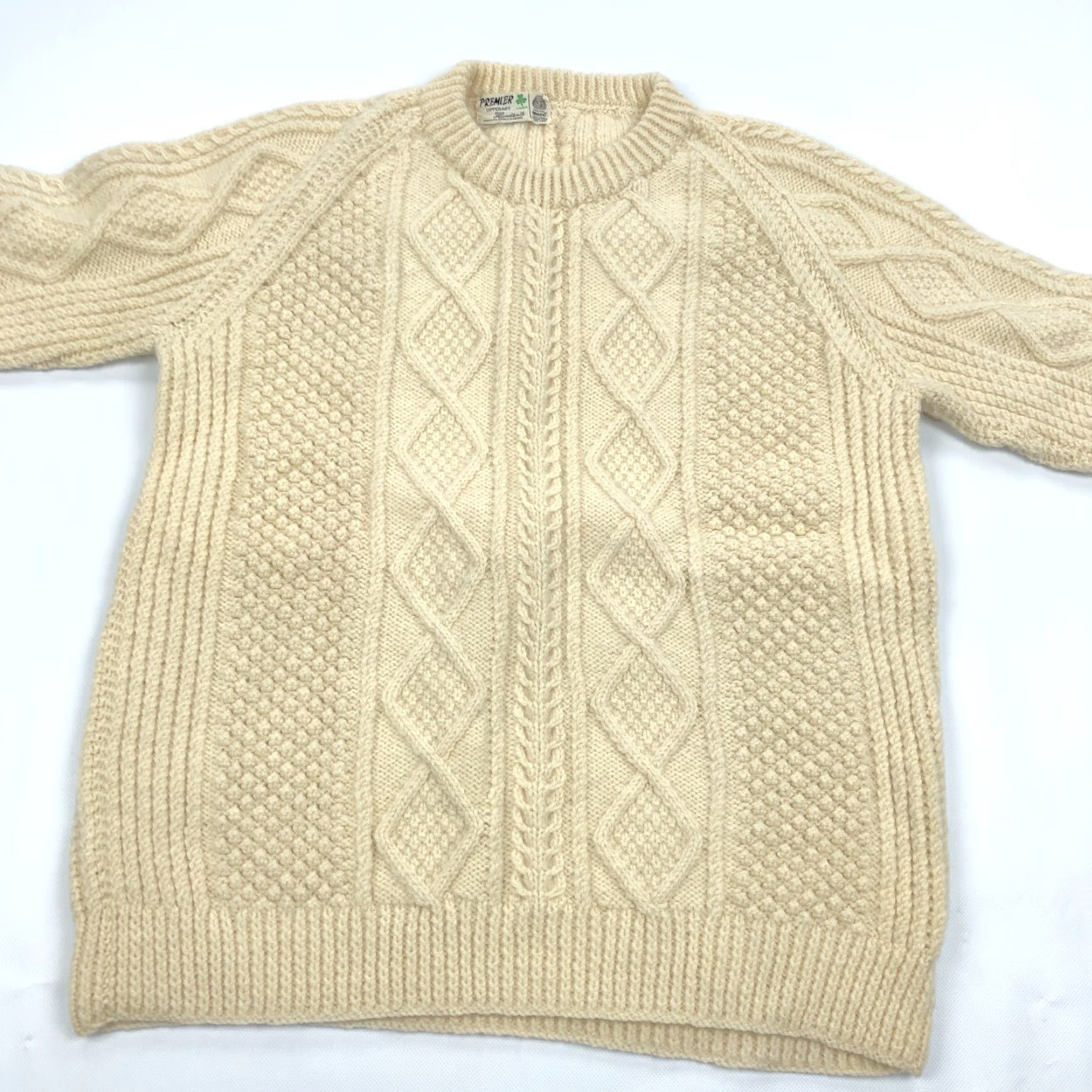 Vintage Premier Aran Sweater Men's Cream Cable Knit Wool 100% L Crew Neck Pullover Jumper Handknit Heavyweight Wool Irish Classic Outdoor Autumn Winter Size US L / EU 52-54 / 3 - 4 Thumbnail