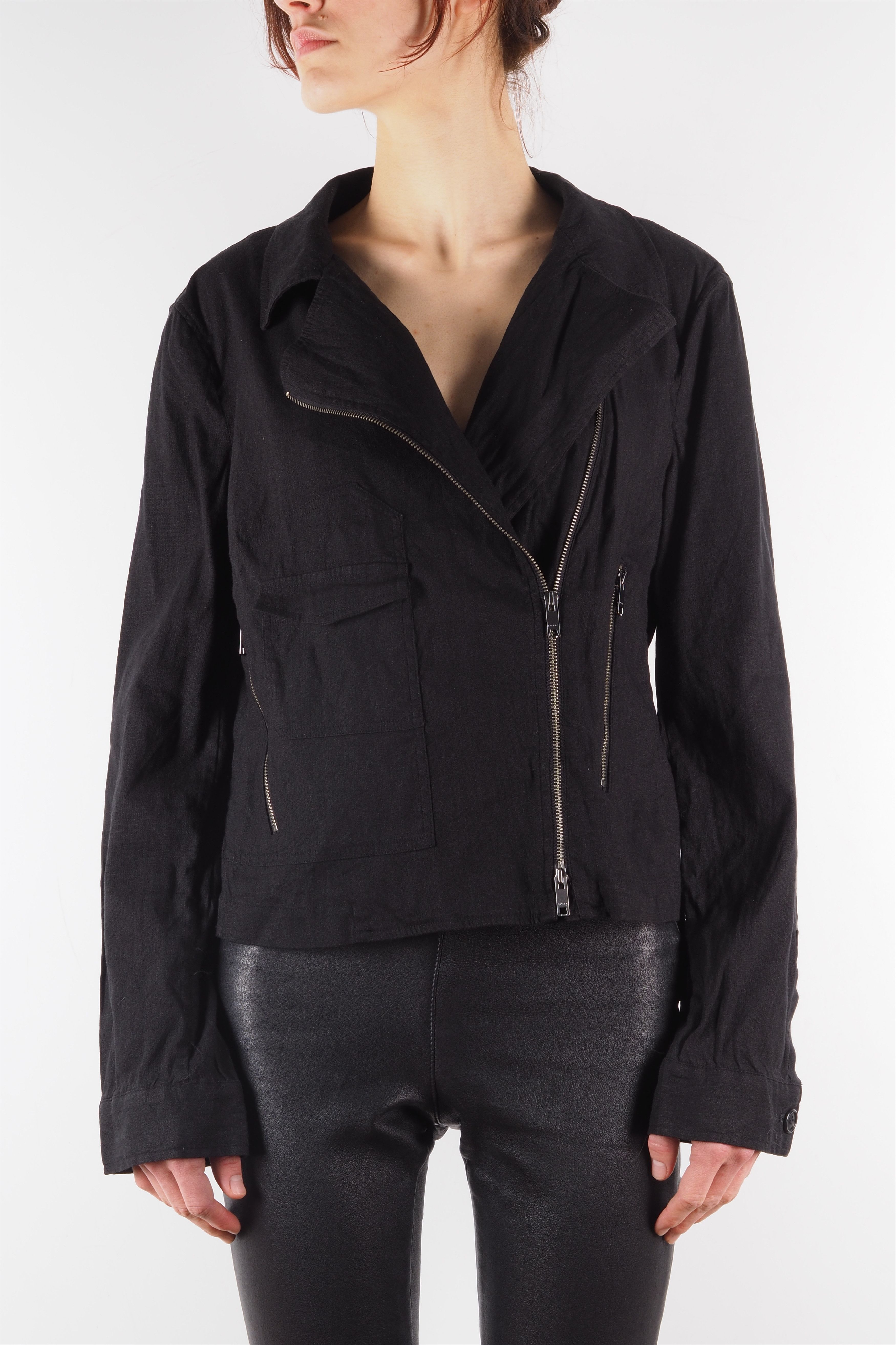 DKNY DKNY PURE Black Linen Moto Biker Style Jacket Size L / US 10 / IT 46 - 2 Thumbnail