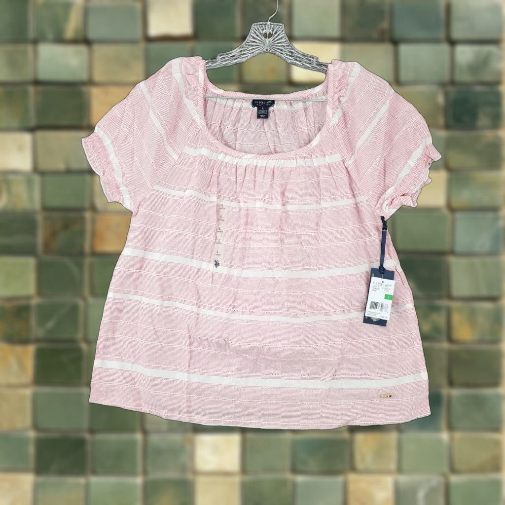 Vintage NEW U.S. Polo Assn. Women's Pink Striped Blouse Short Sleeve Size L Size L / US 10 / IT 46 - 1 Thumbnail