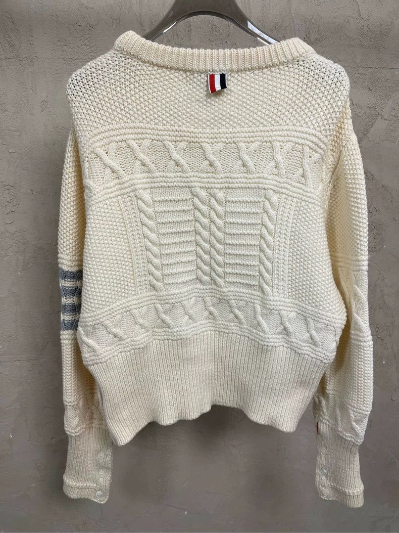 Thom Browne Thom Browne Beige four-striped jacquand round-neck wool swe Size US M / EU 48-50 / 2 - 5 Thumbnail