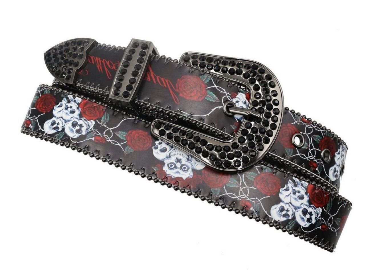 Vintage Retro skull skeleton roses western rhinestone studded belt Size ONE SIZE - 2 Thumbnail