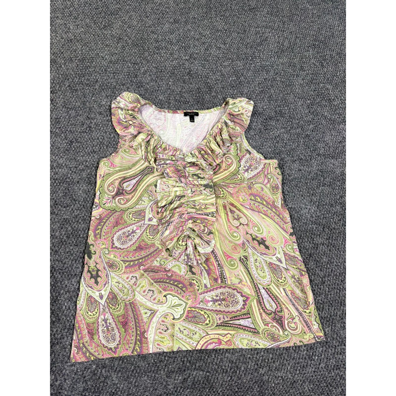 Talbots Talbots Blouse Womens L Green Pink Paisley Sleeveless V-Neck Pullover Casual Boho Peasant Stretch All Seasons Size L / US 10 / IT 46 - 3 Thumbnail