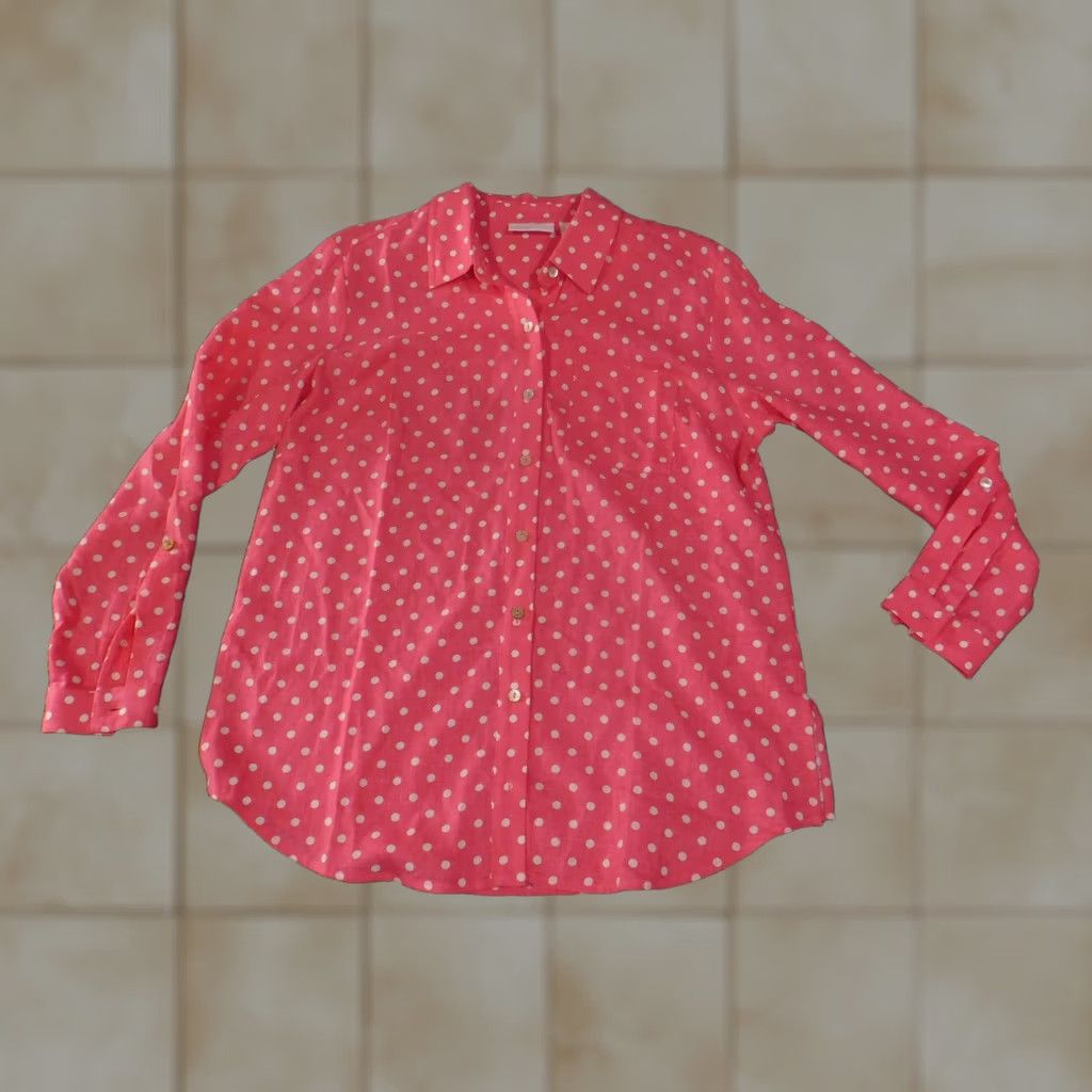 Vintage Susan Graver Blouse Womens PS Pink Linen Button Front Polka Dot Collared Casual Size S / US 4 / IT 40 - 1 Thumbnail