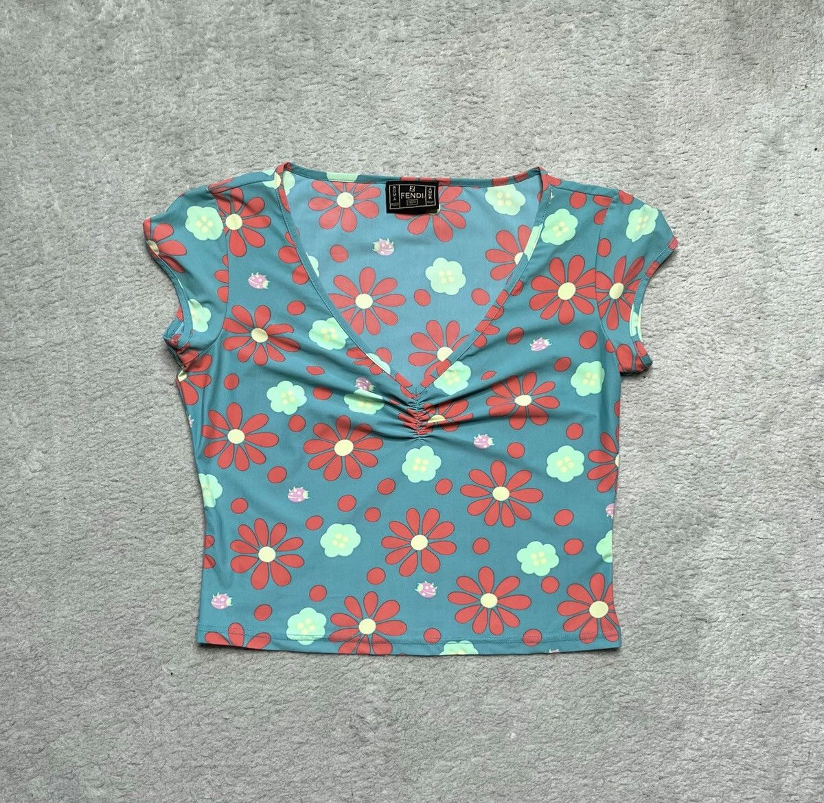 Fendi Vintage Blue Floral T-shirt Tee Fendi Cropp Top Designer Size S / US 4 / IT 40 - 2 Thumbnail