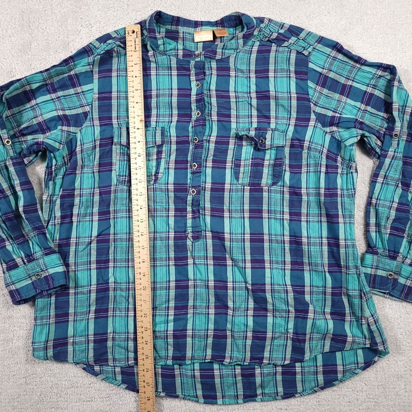 Vintage Northcrest Shirt Women's 2X Plus Blue Plaid Roll Tab Sleeve Henley Pockets Shirt Size XXL / US 16-18 / IT 52-54 - 6 Thumbnail