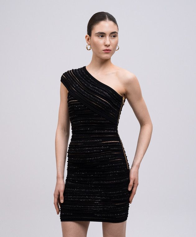 Balmain o1s1wg110526 One-Shoulder Mini Dress with Sequins in Black Size M / US 6-8 / IT 42-44 - 3 Thumbnail