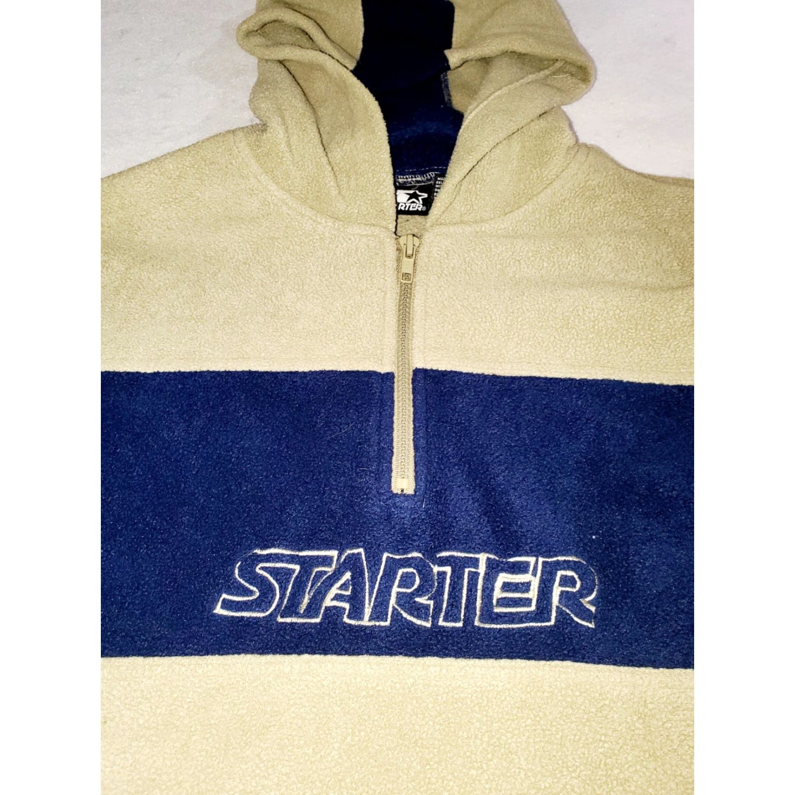 Starter VINTAGE Starter Hoodie 1/4 Zip Long Sleeve Fleece Pullover Mens Cream/Navy Blue Size US L / EU 52-54 / 3 - 3 Thumbnail
