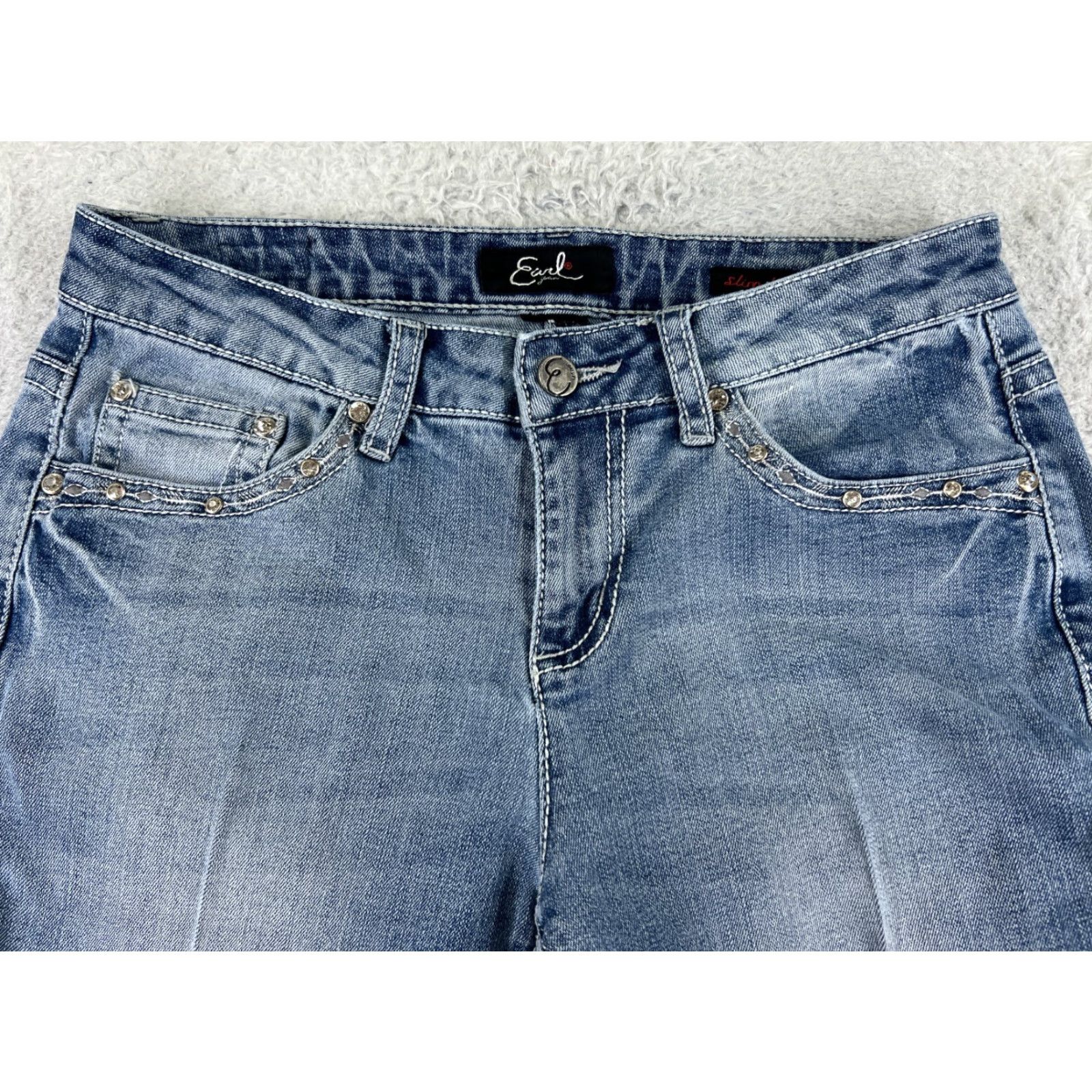 Vintage Earl Jean Jeans Women Blue Denim Slim Boot Mid 27x29 5-Pocket Embroidered Bling Belt Loop Zipper Hemmed Size 27" / US 4 / IT 40 - 4 Thumbnail