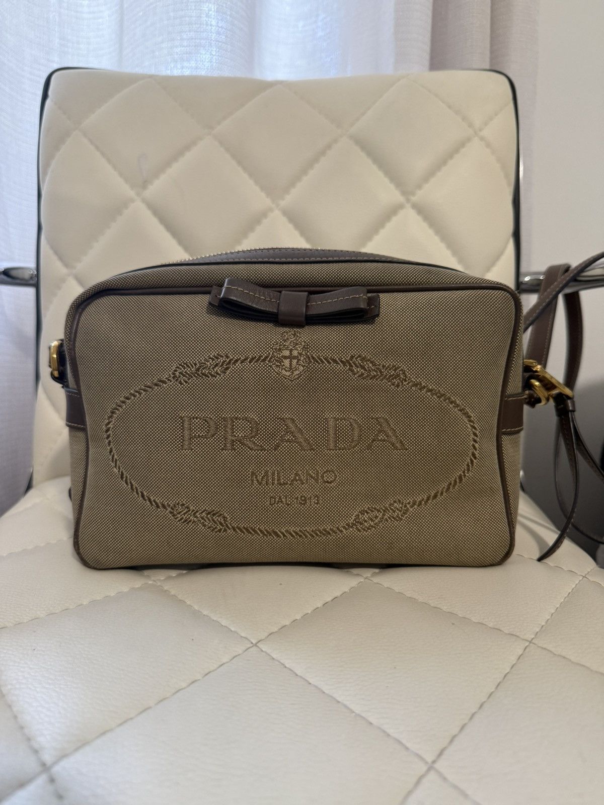 Prada City Calf-Trimmed Canapa Logo Camera Bag in Brown, Women's