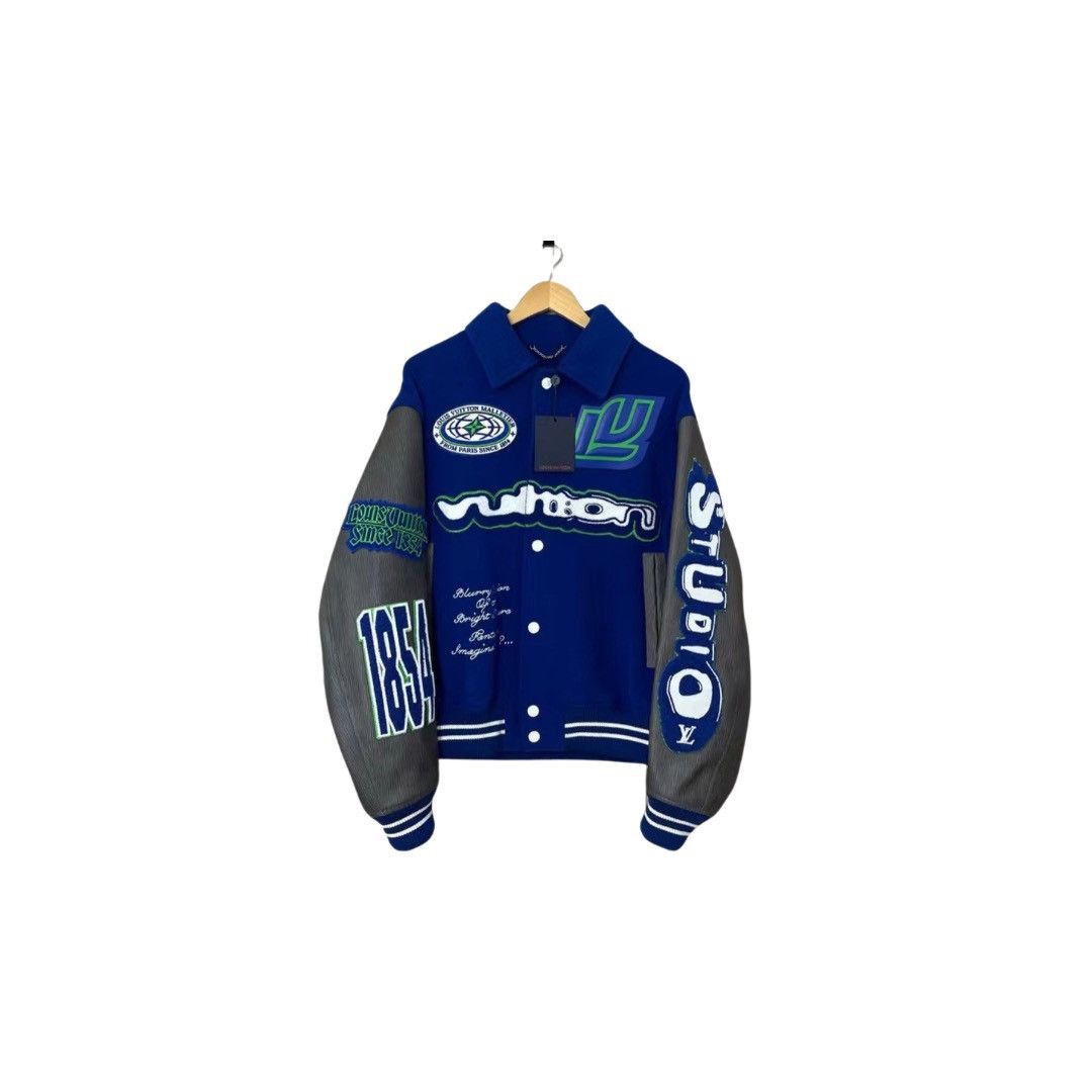 image of Louis Vuitton Embroidered Varsity Blouson 23Fw in Blue Grey, Men's (Size Large)