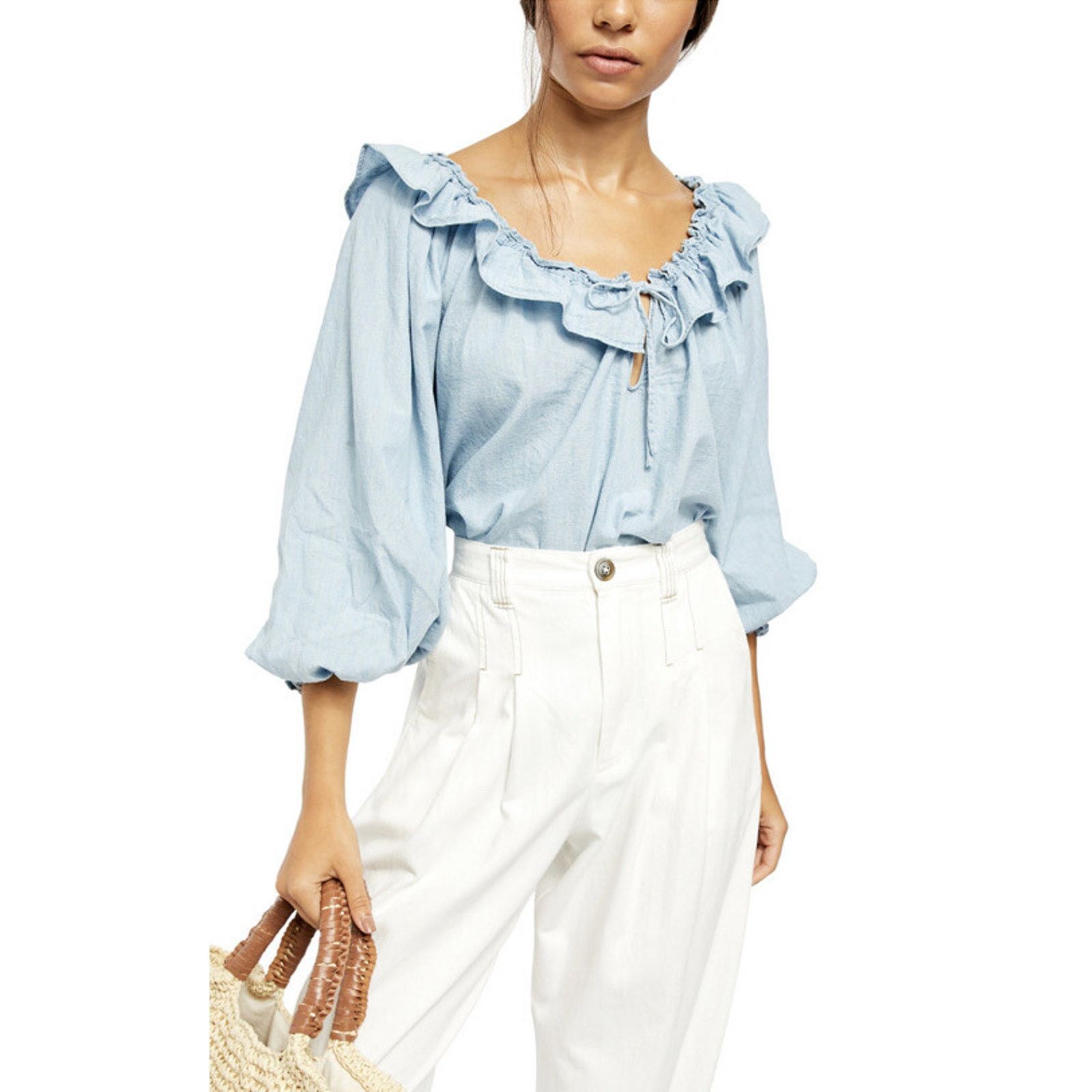 Free People Free People Lily Of The Valley Rufled Tie Blue S top A002065 Size S / US 4 / IT 40 - 1 Thumbnail