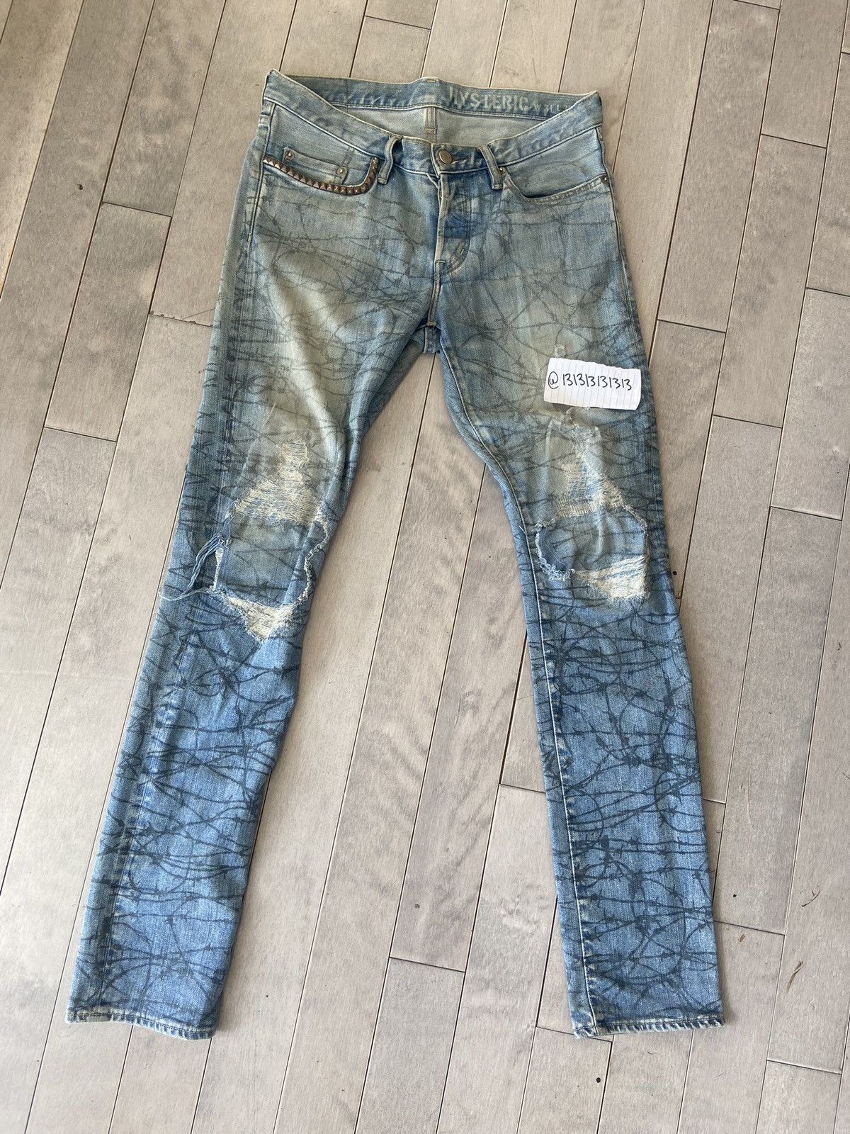 image of Hysteric Glamour Barbed Wire Repair Denim in Blue, Men's (Size 31)