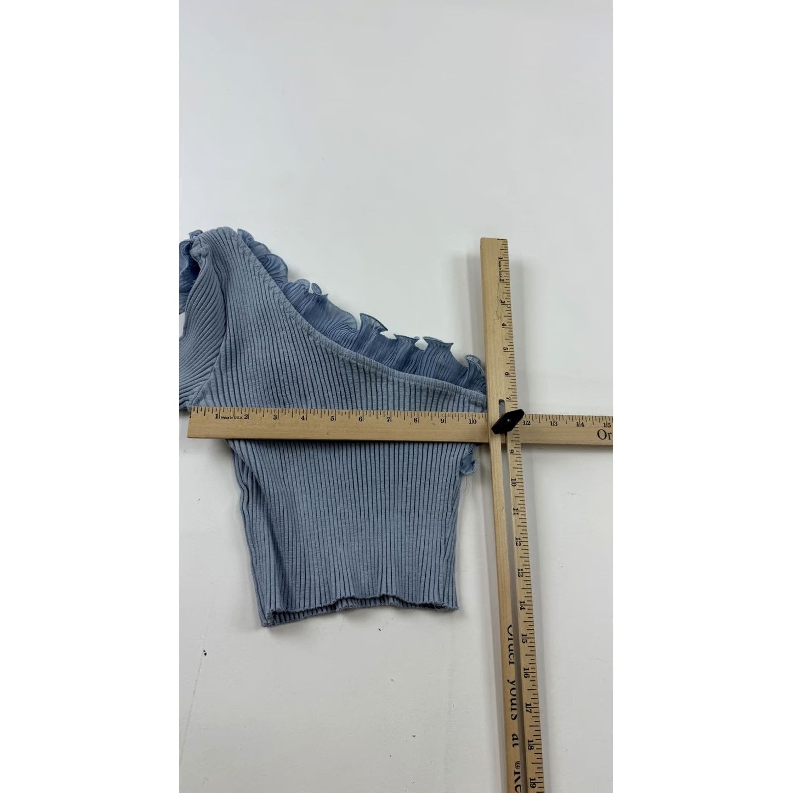 Zara Zara Blouse Womens L Blue One Shoulder Ribbed Knit Top Long Sleeve Ruffle Slim Knit Top Size L / US 10 / IT 46 - 7 Thumbnail
