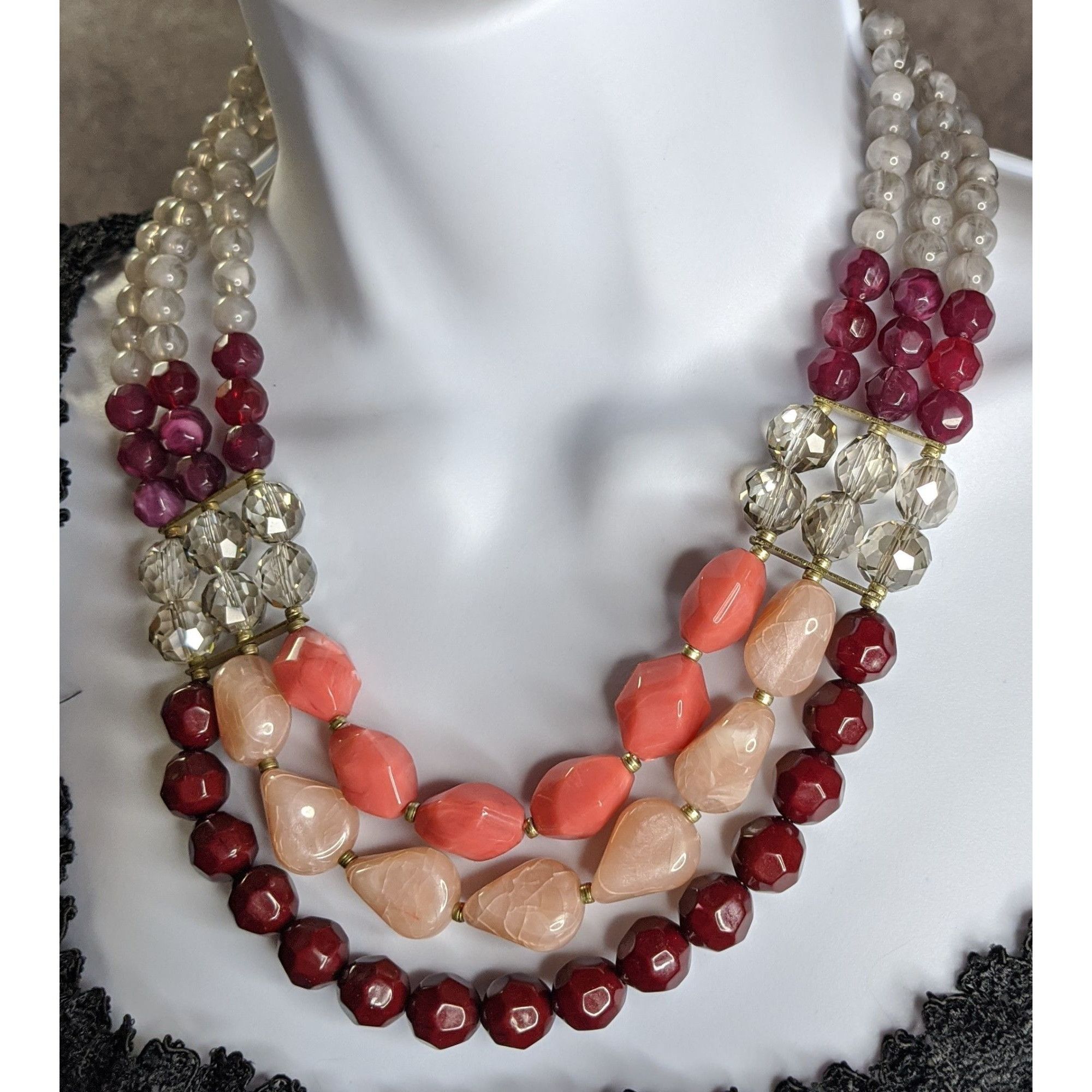 Other Red Pink And Clear Multi-Strand Beaded Statement Necklace Size ONE SIZE - 4 Thumbnail