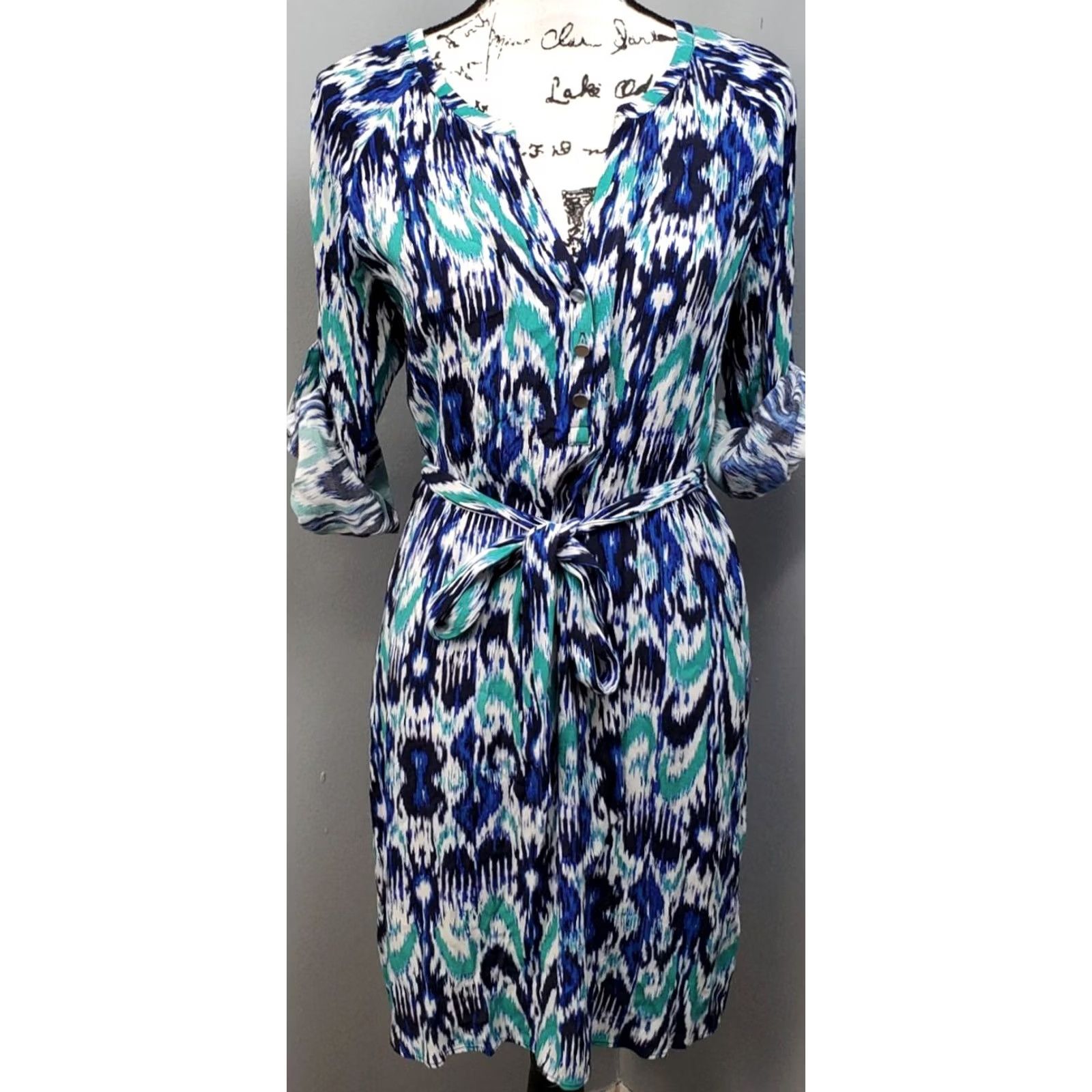 Banana Republic Banana Republic Dress Women's 4 V Neck Button Tie Midi Sheath Roll Tab Sleeve Multicolor Geometric 100% Rayon Spring Summer Womens Size 4 Size S / US 4 / IT 40 - 2 Thumbnail