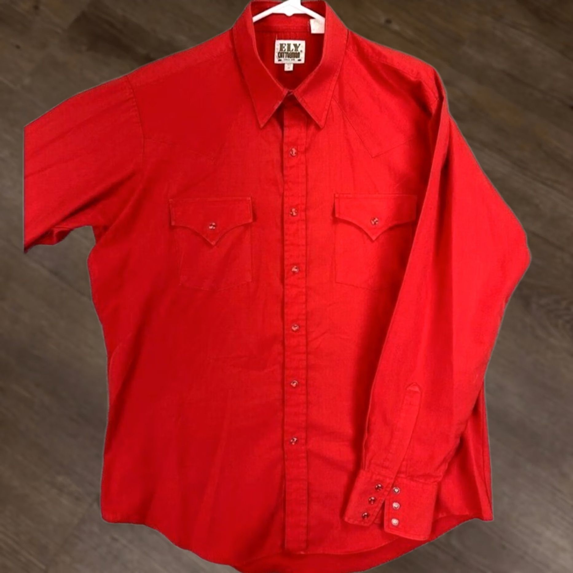 Vintage Ely Cattleman Shirt Mens Red Western Pearl Snap Button Up Pocket Flap Solid Long Sleeve Casual Workwear Cowboy style Mens Size 46R - 1 Thumbnail