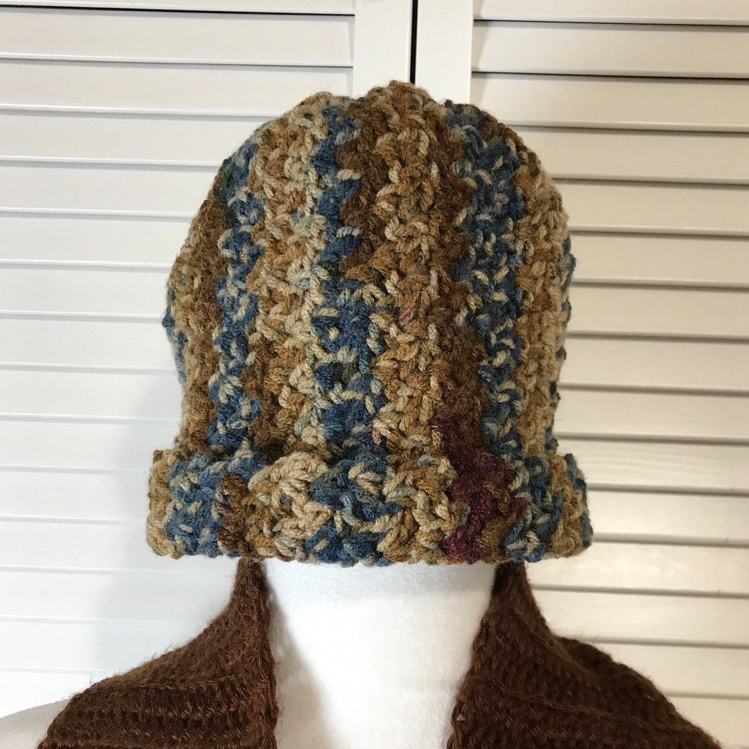 Homemade NWT Handmade Crocheted Brown Multicolor Beanie & Scarf 60” Size ONE SIZE - 2 Thumbnail
