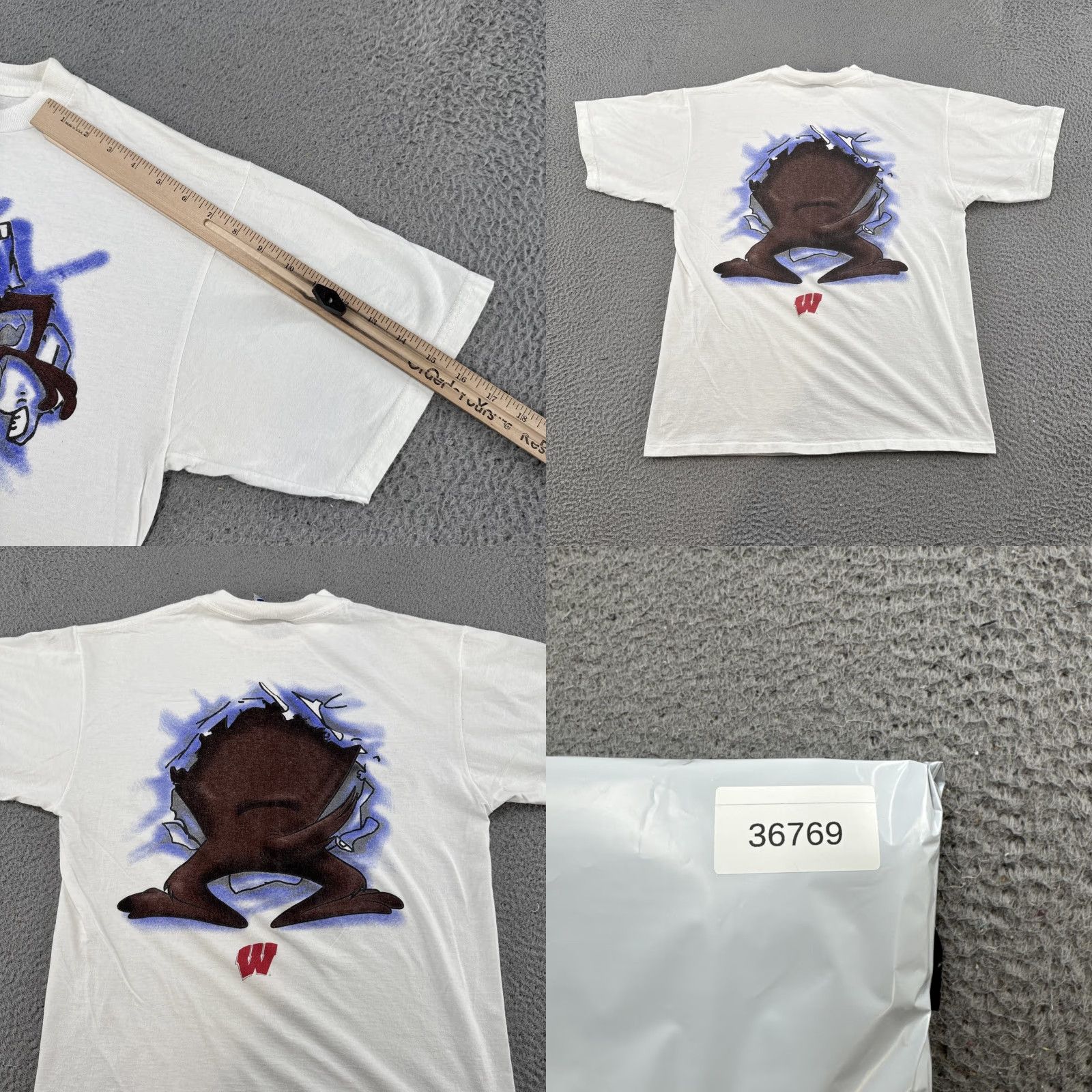 Tultex VINTAGE 1994 Looney Tunes Taz WI Badgers Double Sided T-Shirt SZ L NCAA Graphic Tultex Mens Cotton Off-White 1990s Taz WTF? Size US L / EU 52-54 / 3 - 8 Thumbnail