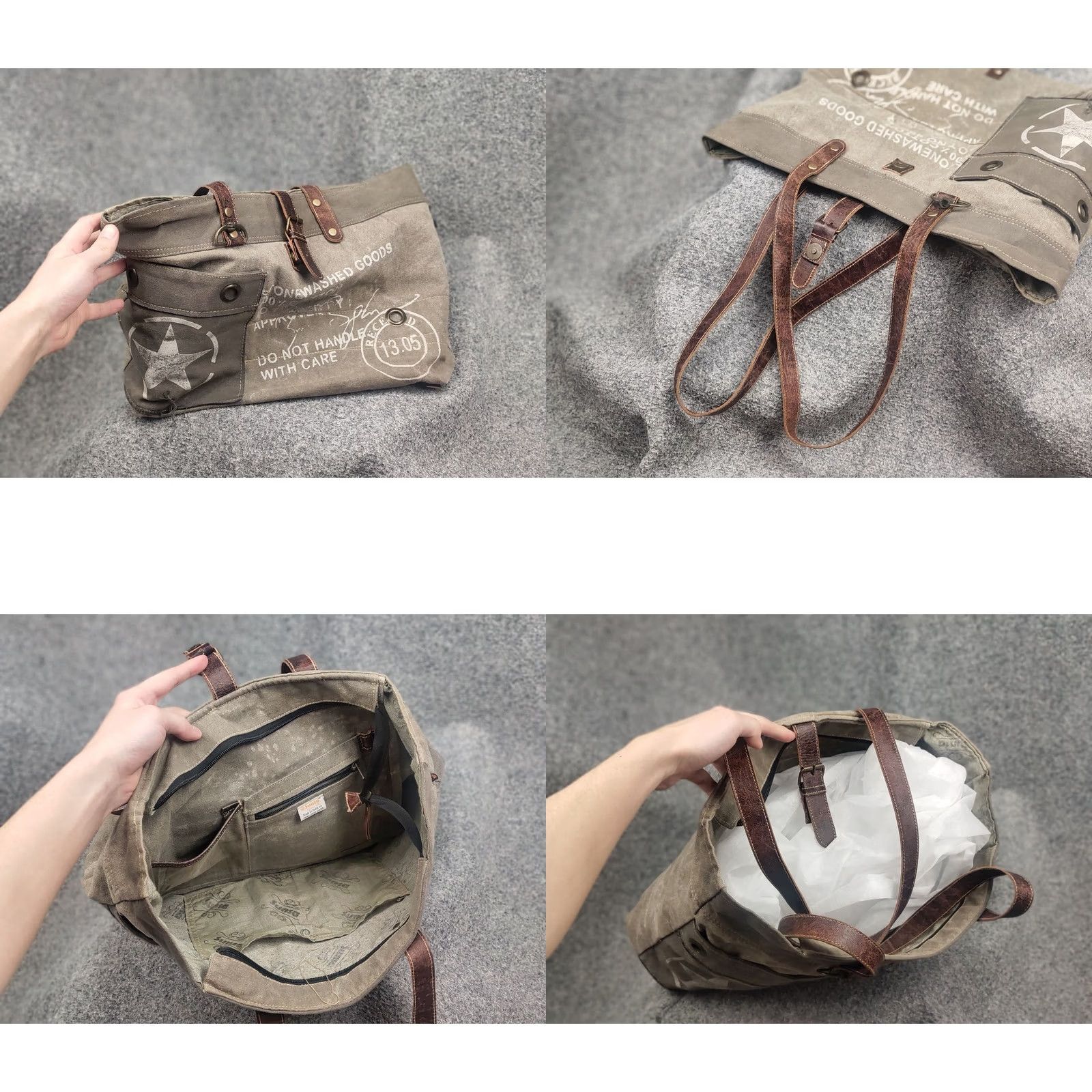 Vintage Myra India Design Vintage Leather & Canvas Tote Shoulder Bag Medium Beige Women Handbag 90s Army Art Brand Myra Mens Womens Girls Size ONE SIZE - 9 Thumbnail