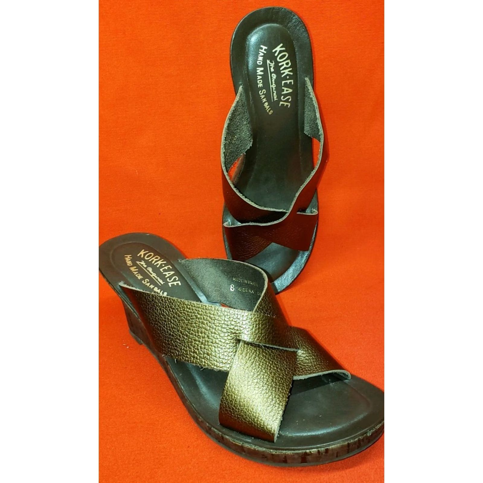 Vintage KORK-EASE Geena Women's Wedge Slide Sandals Slips-on Leather Bronze 8M High 3" Cork Size US 8 / IT 38 - 2 Thumbnail