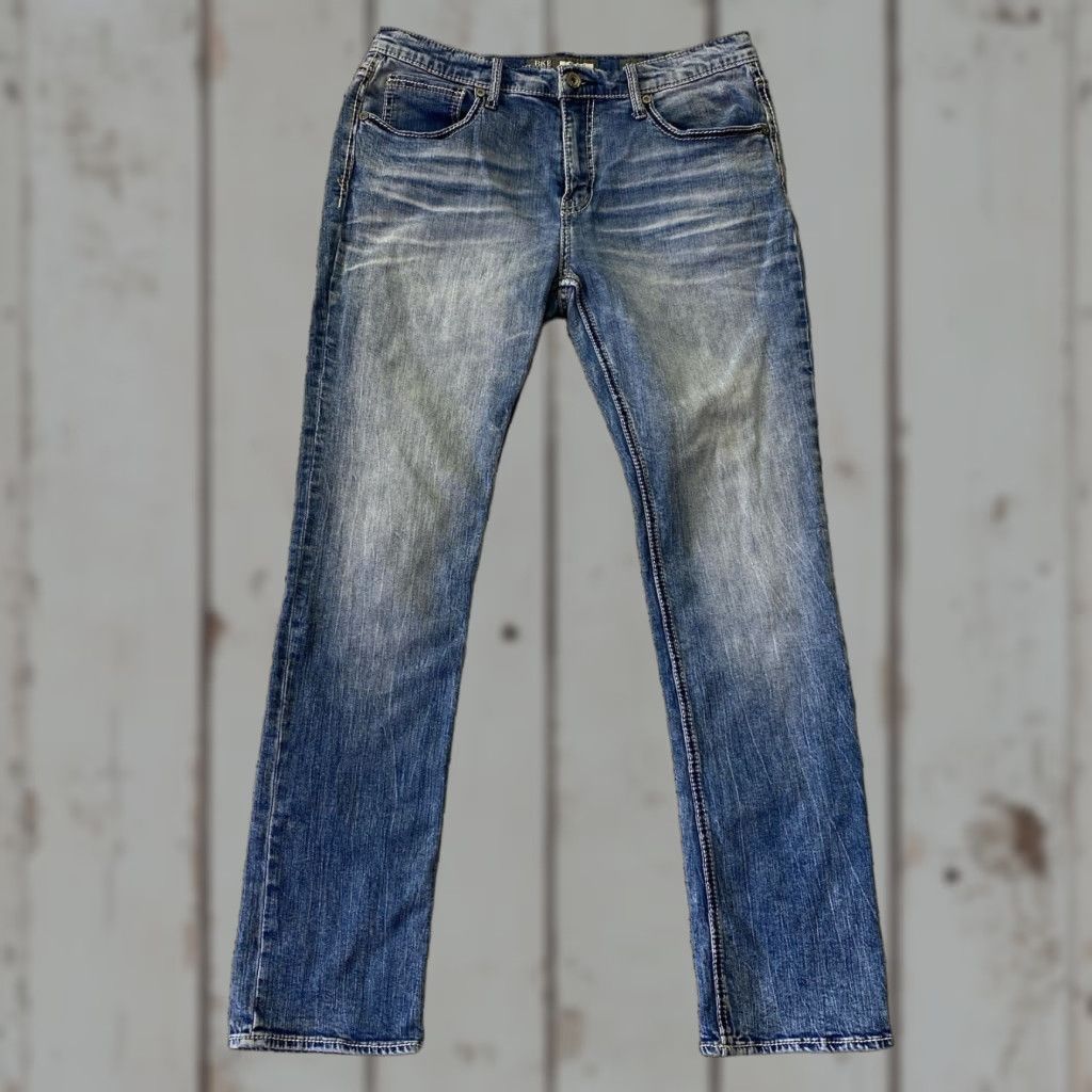 Vintage BKE Jake Straight Jeans Mens 34L Blue Denim 5-Pocket Regular Fit Straight Leg Casual Distressed Pocket Buckle Bke 34x32.5 Size US 34 / EU 50 - 1 Thumbnail
