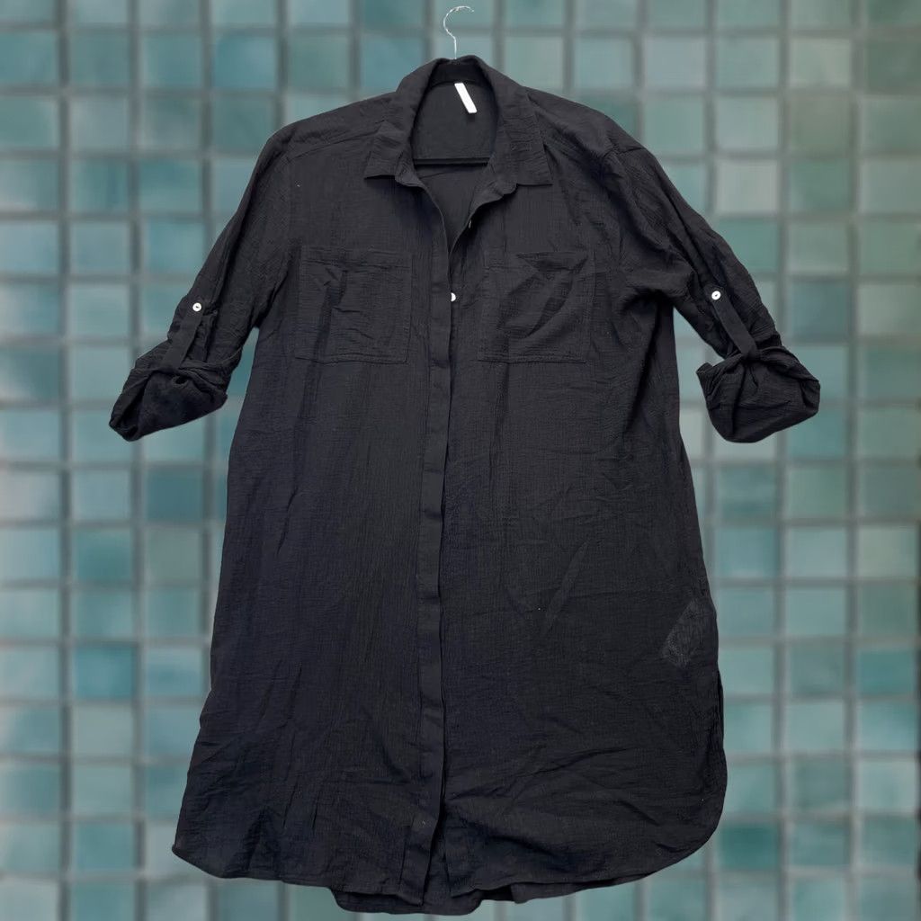 Vintage Seafolly Shirt Dress Womens L Black Cotton Crinkle Midi Twill Seafolly Beach Classic Preppy Collared Pockets Button Roll Tab Sleeve Cadence: N/A Size L / US 10 / IT 46 - 1 Thumbnail