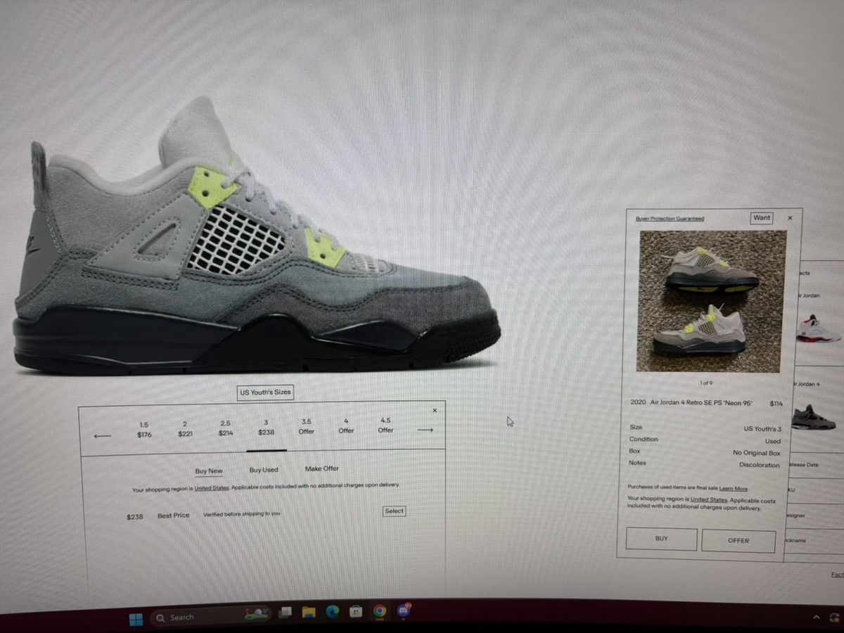 Nike Jordan 4 retro se 95 neon ps size 3 Size US 5 / EU 37 - 4 Thumbnail