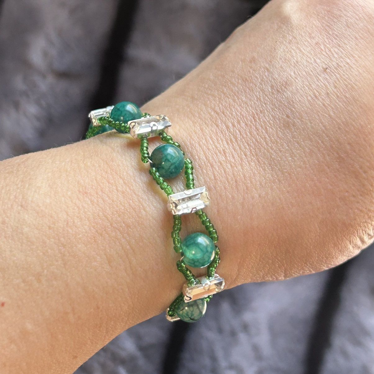 Handmade Handcrafted 8mm dragon vein agate faceted glass bar bracelet Size ONE SIZE - 2 Thumbnail