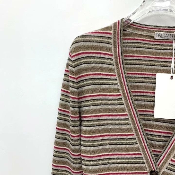 Brunello Cucinelli Brunello Cucinelli Striped Wool V-Neck Cardigan Size US L / EU 52-54 / 3 - 3 Thumbnail
