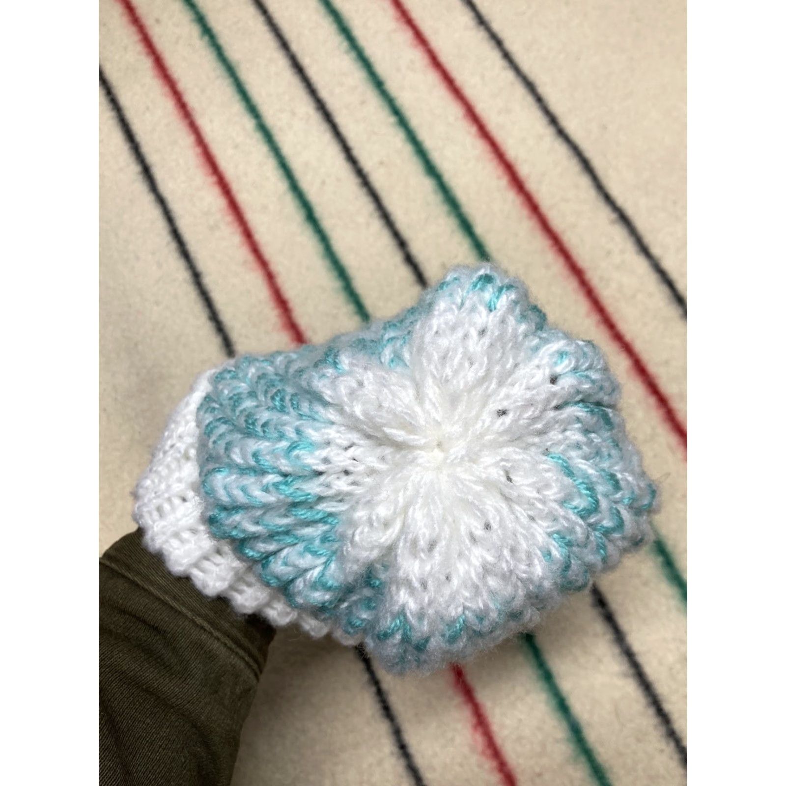 Vintage VINTAGE Crochet Beanie Hand Made Knit Light Blue Striped White Winter Snow Toboggan Beanie Womens One Size White Knit Crochet Winter Accessories Size ONE SIZE - 4 Thumbnail