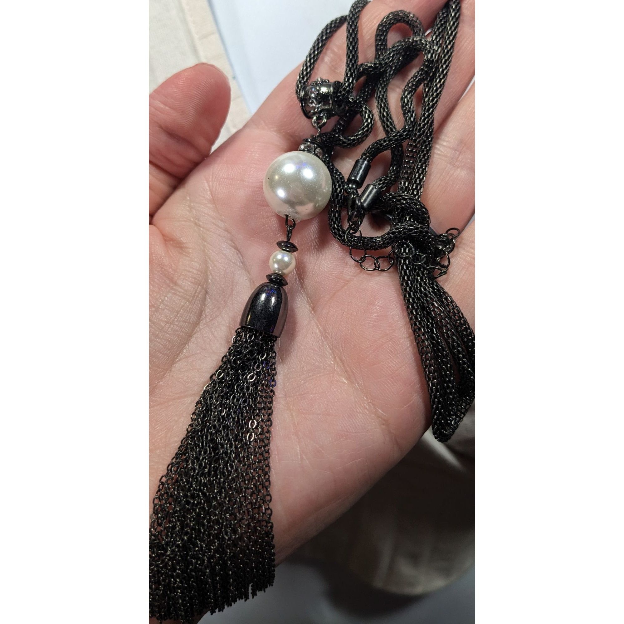 Other Glam Goth Gunmetal Mesh And Pearl Tassel Necklace Size ONE SIZE - 5 Thumbnail