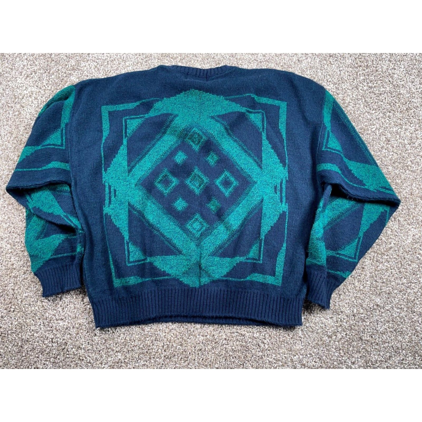 London Fog VINTAGE 90s Geometric Pattern London Fog Sweater Big 1X Dark Blue Green Lightweight Knit Mens Pullover Crew Neck Long Sleeve Casual Knitwear Size US XL / EU 56 / 4 - 3 Thumbnail