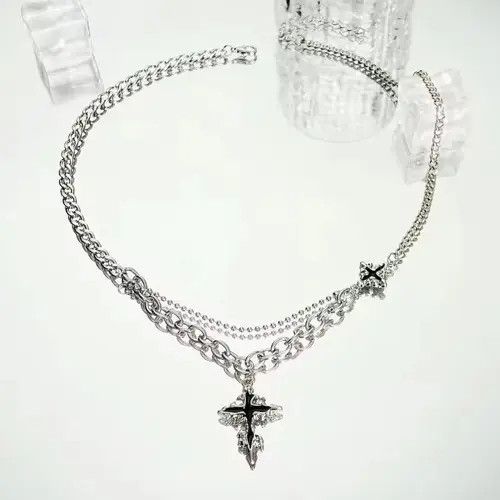 Japanese Brand Retro punk gothic melting cross layered chain necklace y2k Size ONE SIZE - 8 Thumbnail
