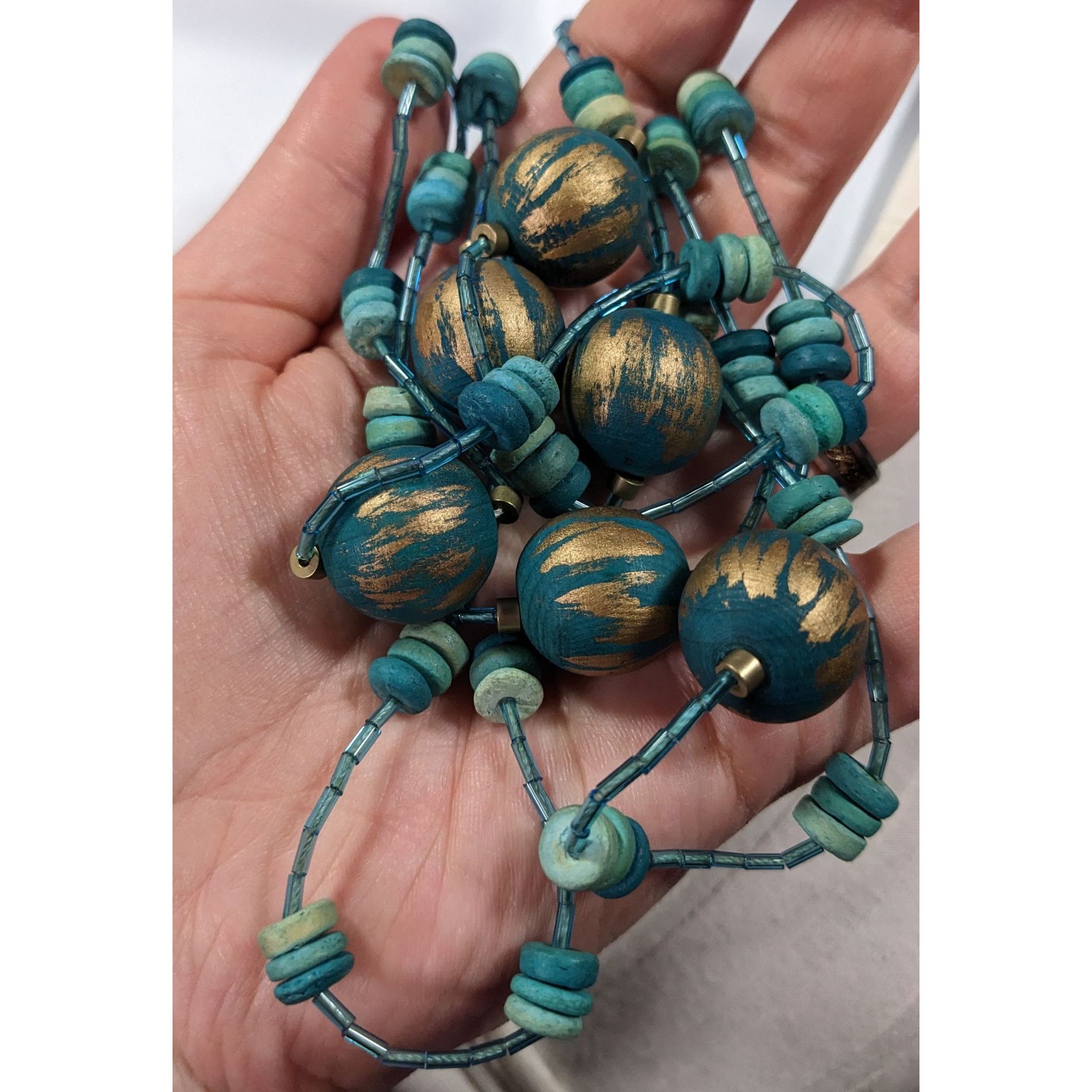 Other Blue And Gold Tone Wood And Glass Beaded Fantasy Necklace Size ONE SIZE - 6 Thumbnail