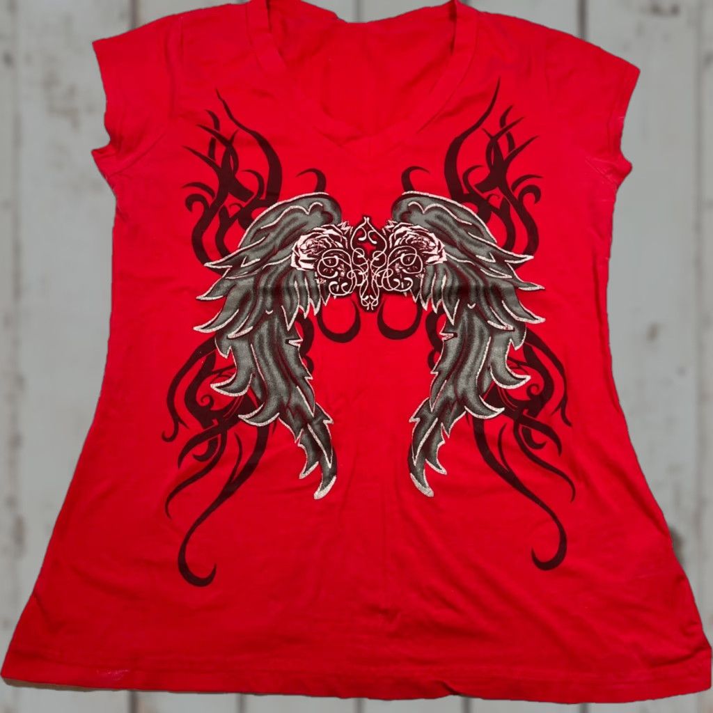 Vintage VINTAGE DOTS RED V Neck GOTHIC BIKER T Shirt Black ANGEL Wings Silver Sparkle Emo Y2K Lg Size L / US 10 / IT 46 - 1 Thumbnail