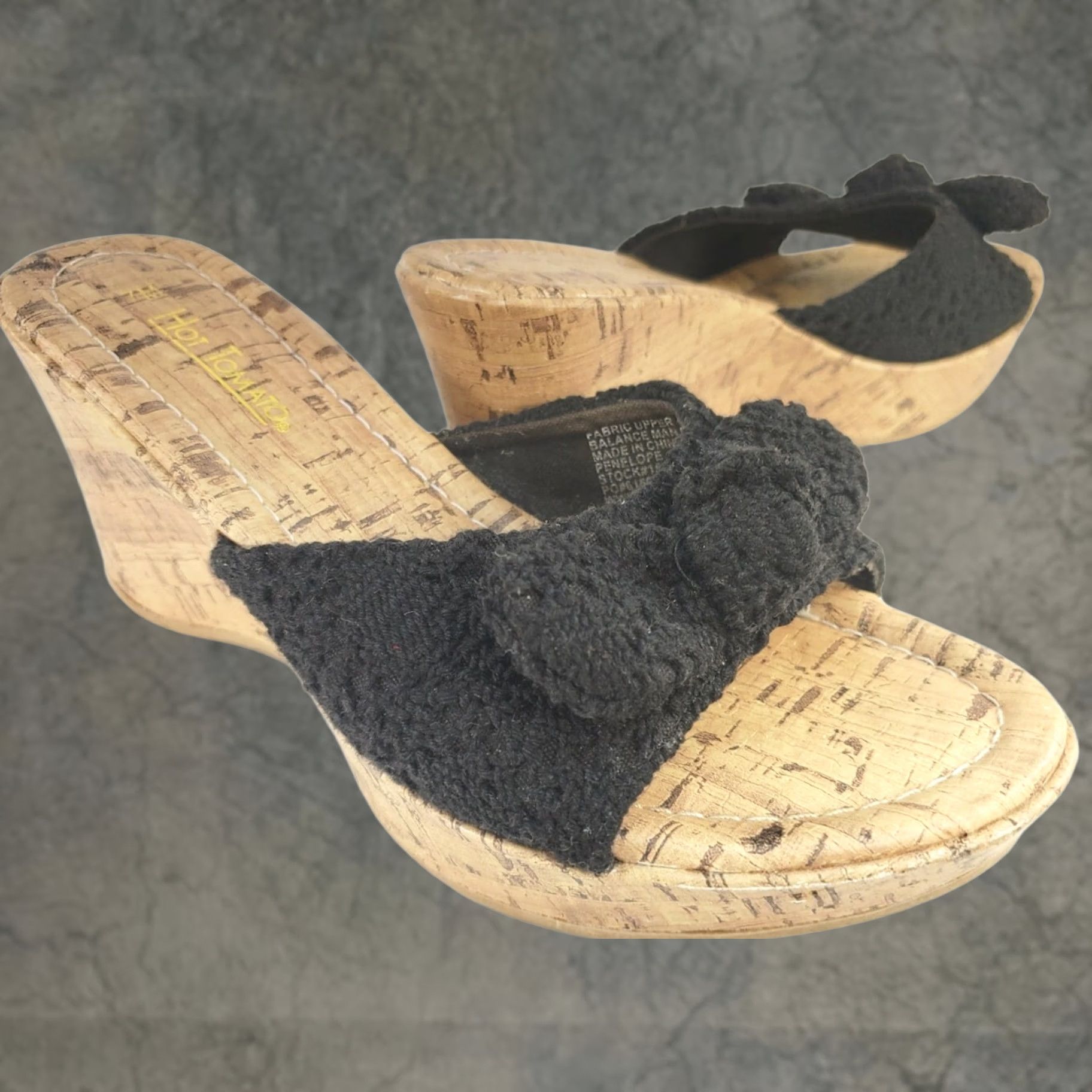 Vintage Hot Tomato Penelope Women's 7M Black Cork Wedge Slide Sandal 3" Heel Crochet Size US 7 / IT 37 - 1 Thumbnail